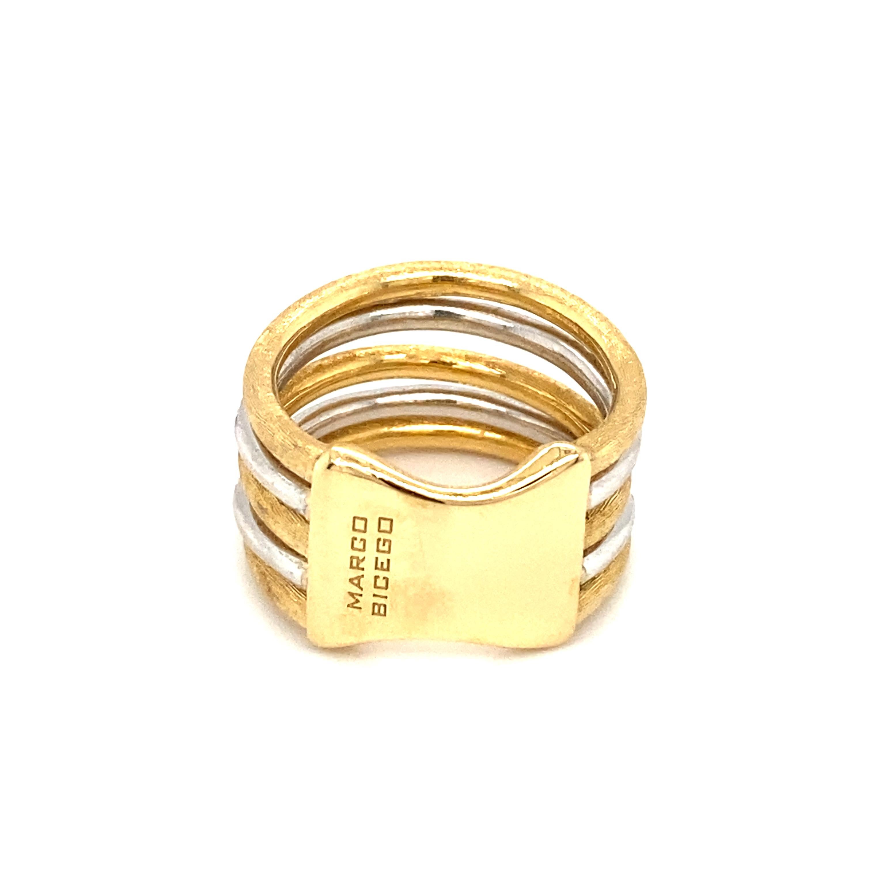 Item Details: This ring by Marco Bicego comes from the famous Jaipur collection and originally retails for $4,800. It has a unique five row design with 18 Karat Yellow and White Gold. The yellow gold is slightly textured; the white gold holds a row