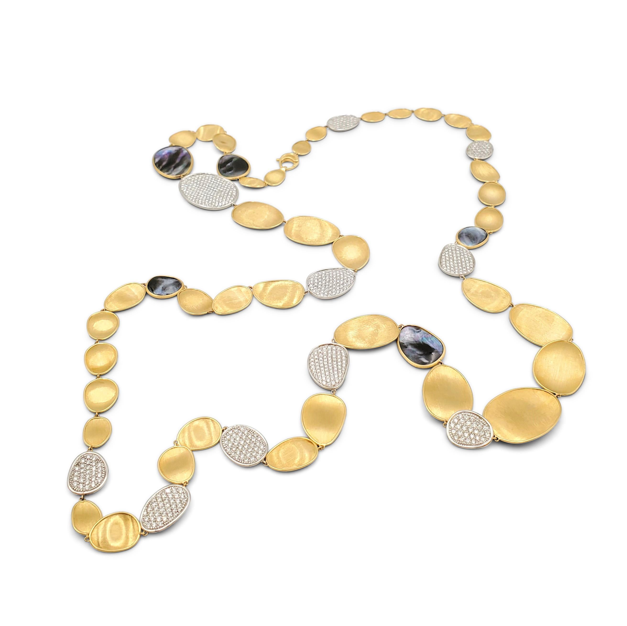 Authentic Marco Bicego 'Lunaria' sautoir necklace features a fluid alternating sequence of hand-engraved 18 karat gold, polished black mother-of-pearl, and pavé diamond plates. Signed Marco Bicego, Made in Italy, 750. The necklace is not presented