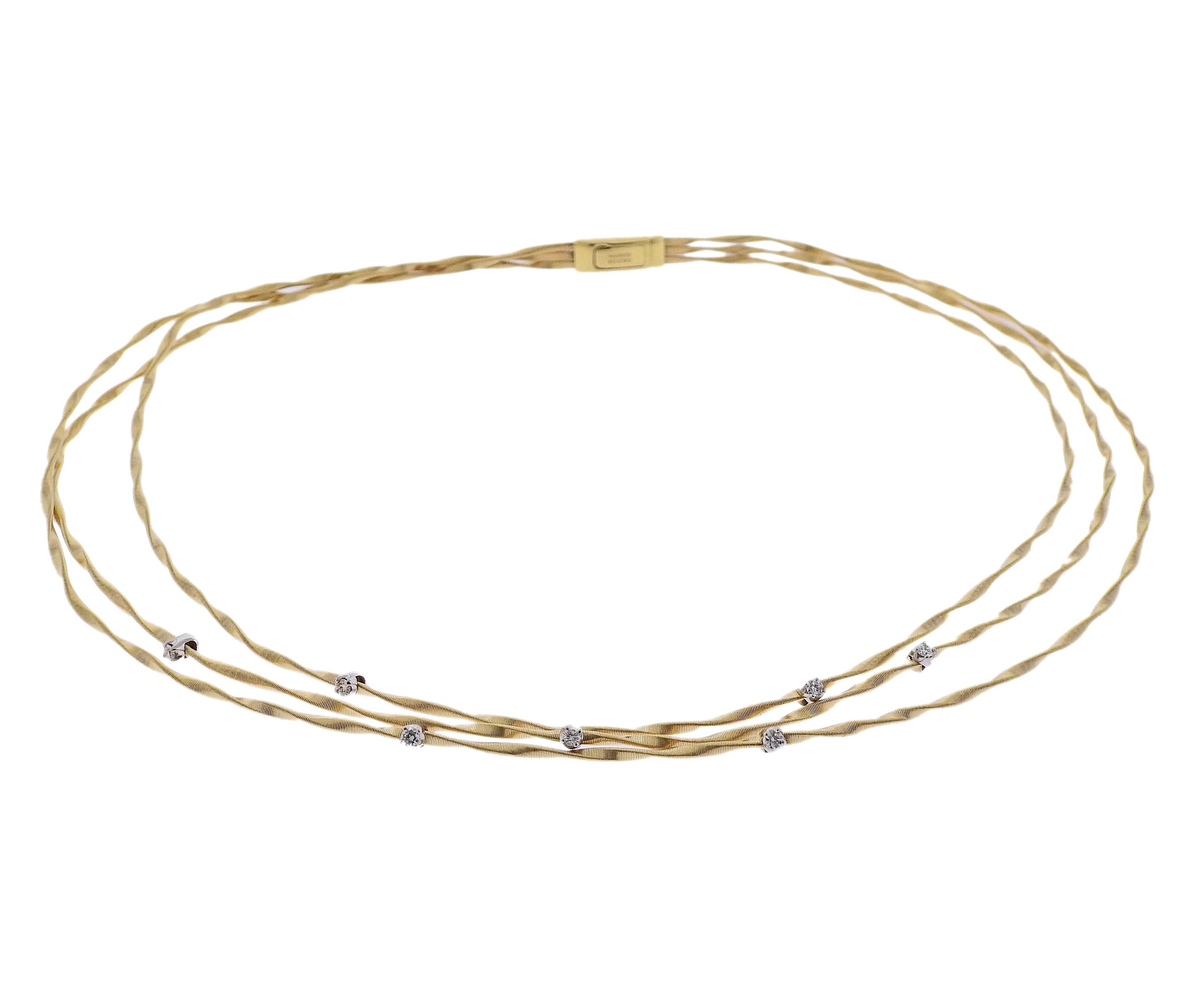 Marco Bicego Marrakech collection 18K gold three strand necklace, set with 0.60ctw of VS/G white diamonds. Necklace is 16