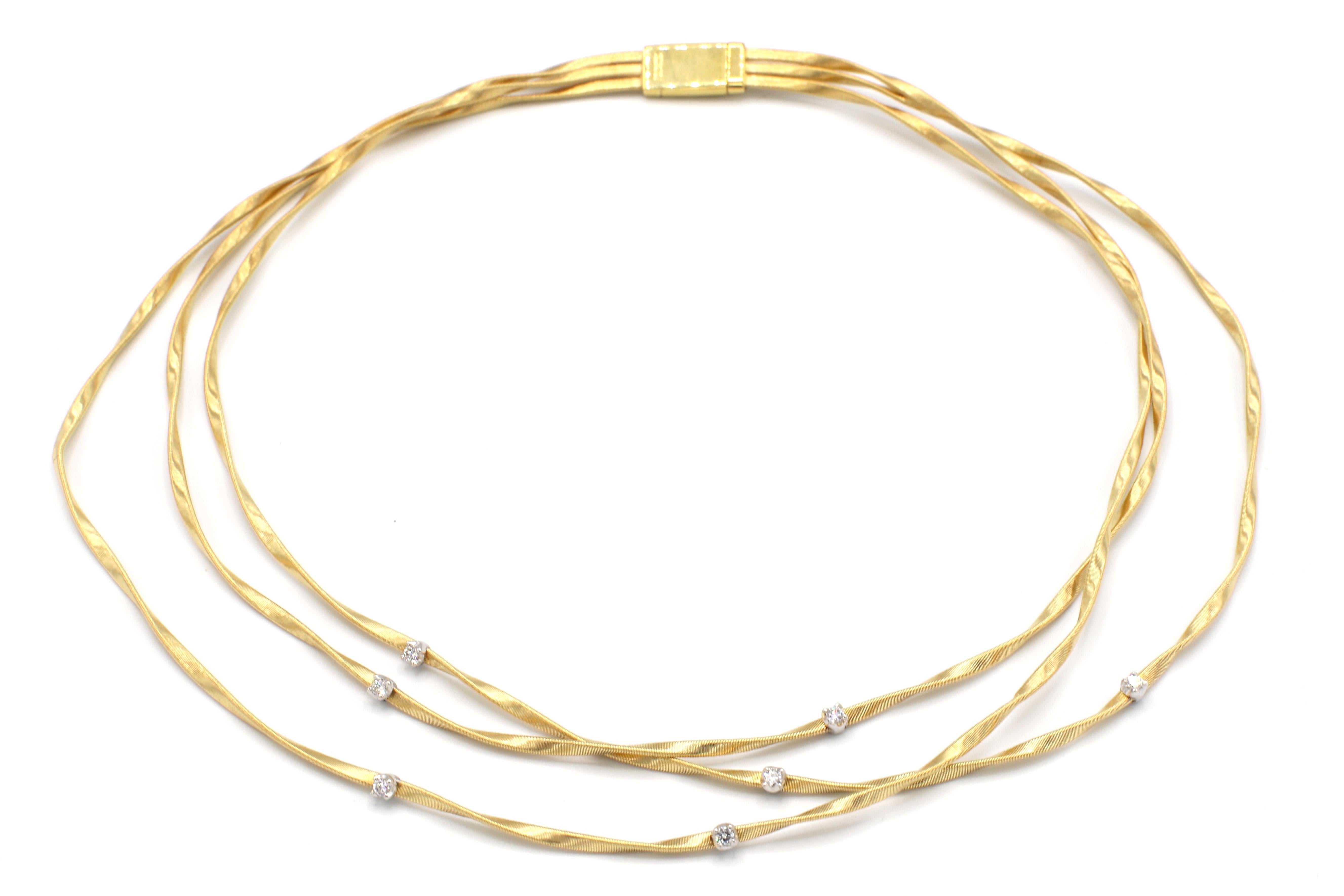 Marco Bicego Marrakech Collection 18 Karat Yellow Gold & Diamond 3 Row Necklace
Metal: 18k yellow gold
Weight: 34.7 grams
Diamonds: Approx. .21 CTW G VS round brilliant cut 
Length: 16.5 inches - 18 inches 
Signed: Marco Bicego 750 made in Italy