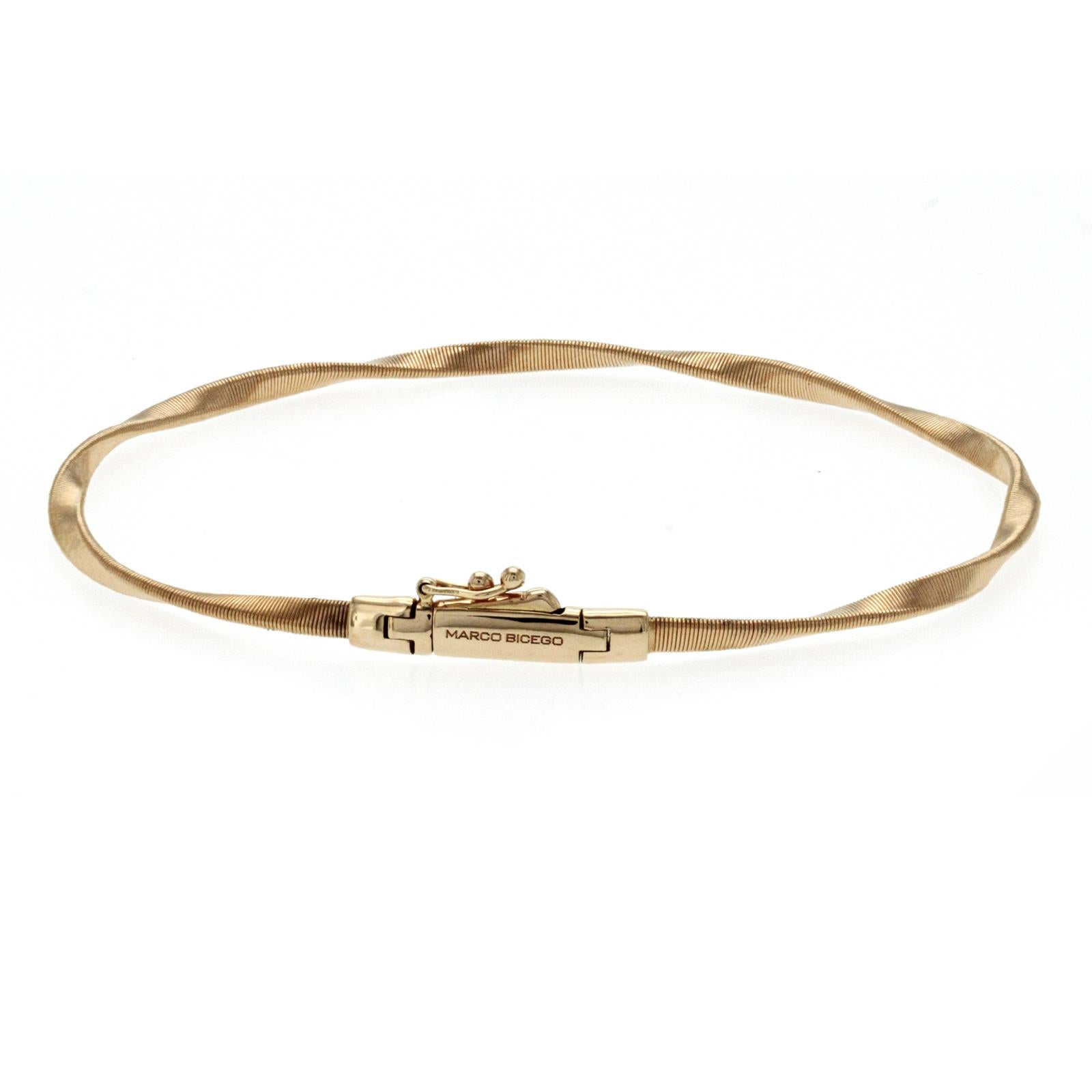 100% Authentic, 100% Customer Satisfaction
Width: 2.2 mm
Size: 7 Inches 
Metal: 18 K Rose Gold
Hallmarks: Marco Bicego 750
Total Weight: 5.7 Grams
Stone Type: None
Condition: Pre-Owned
Estimated Price: $2250

Stock Number: BO3