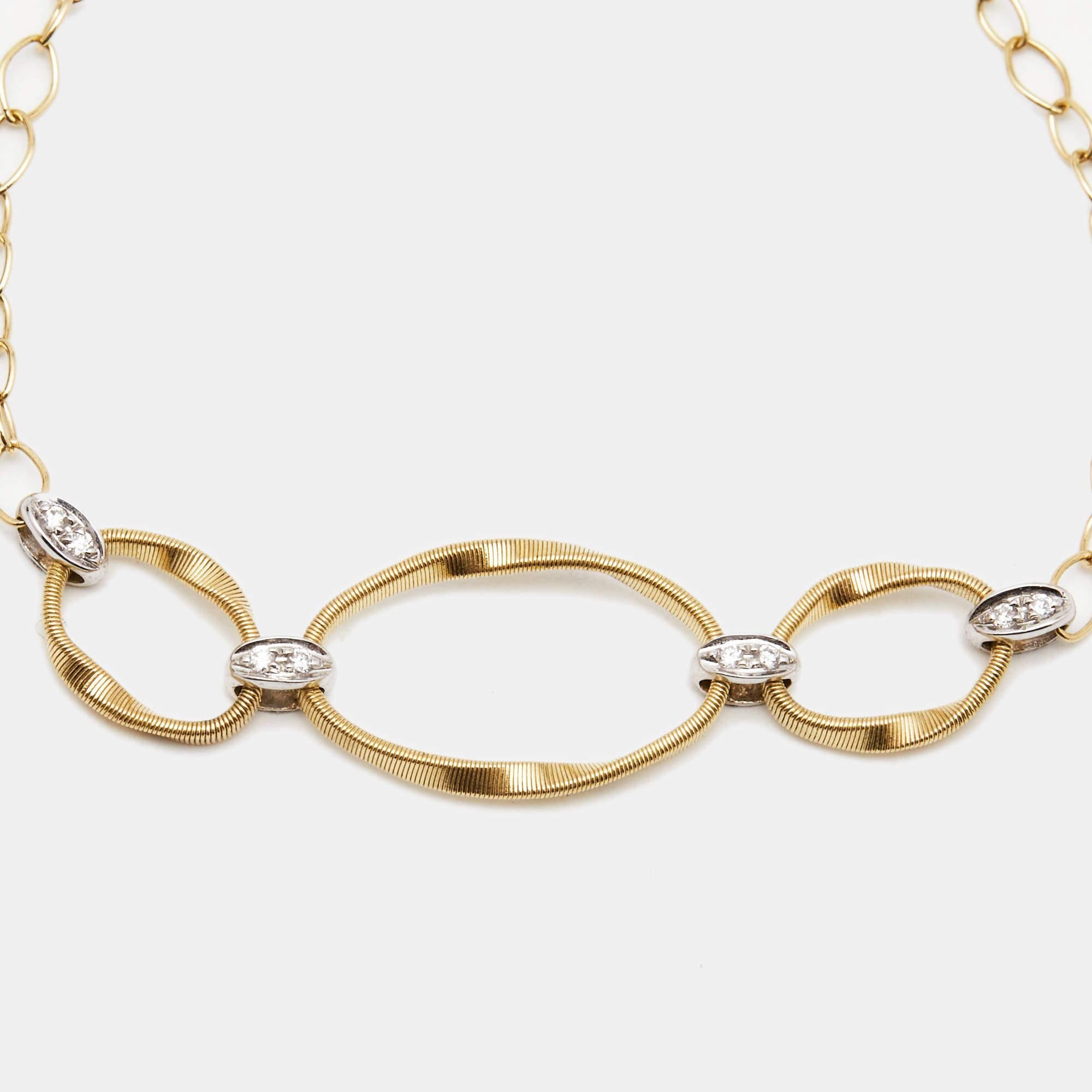 The Marco Bicego bracelet is a luxurious and elegant piece of jewelry. Crafted in 18k two-tone gold, it features a distinctive link design that exudes modernity and sophistication. Adorned with sparkling diamonds, the Marrakech Onde bracelet adds a