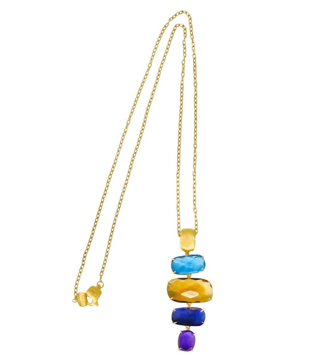 Pendant designed as checkerboard cut gemstones with brushed gold bale

Prong set with iolite, blue topaz, citrine, and dyed amethyst

Completed by cable chain with boxy, brushed, spring ring clasp

Fully signed Marco Bicego

Stamped 'made in Italy'