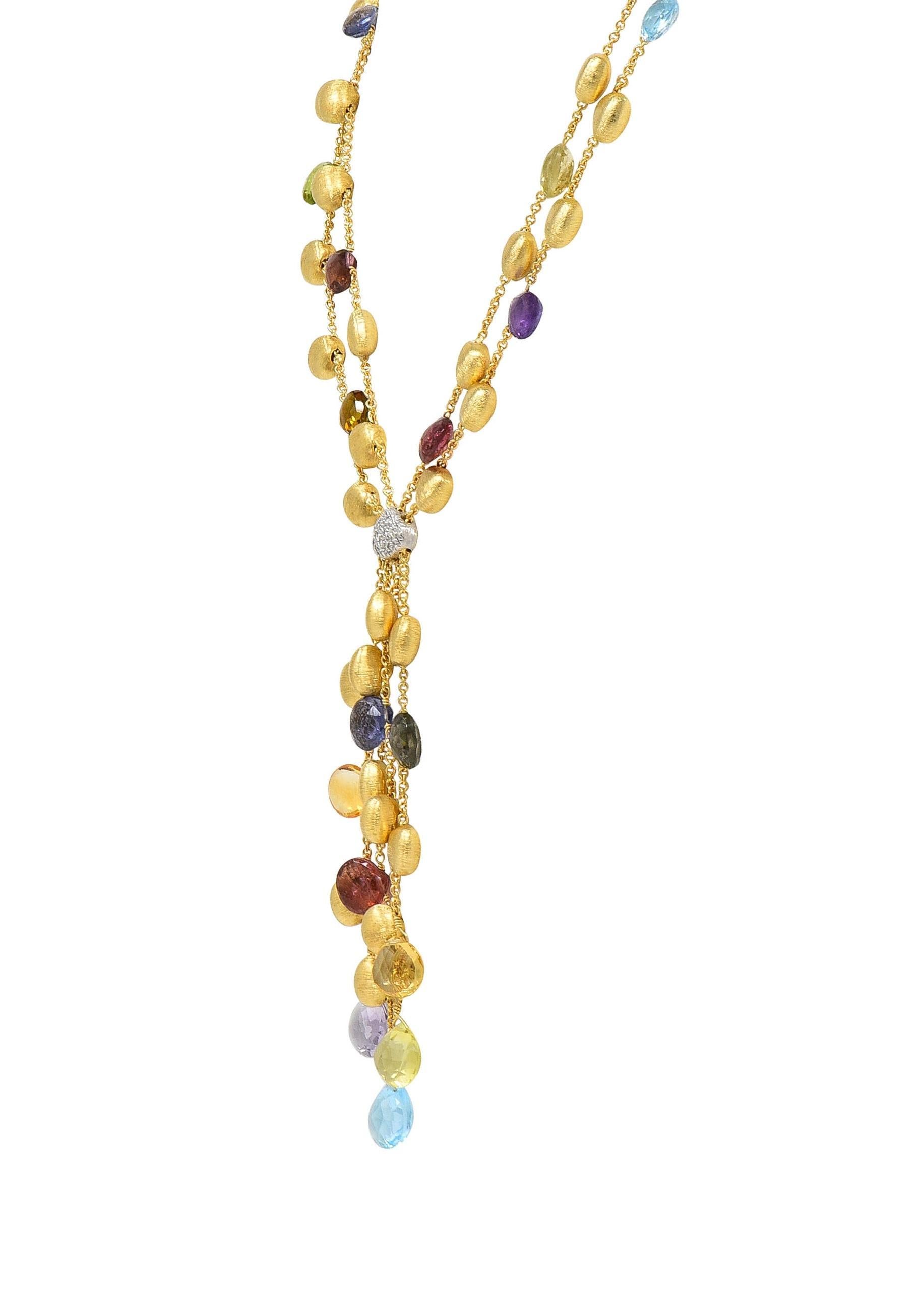 Marco Bicego Multi-Gem Diamond 18 Karat Two-Tone Gold Paradise Lariat Necklace In Excellent Condition In Philadelphia, PA