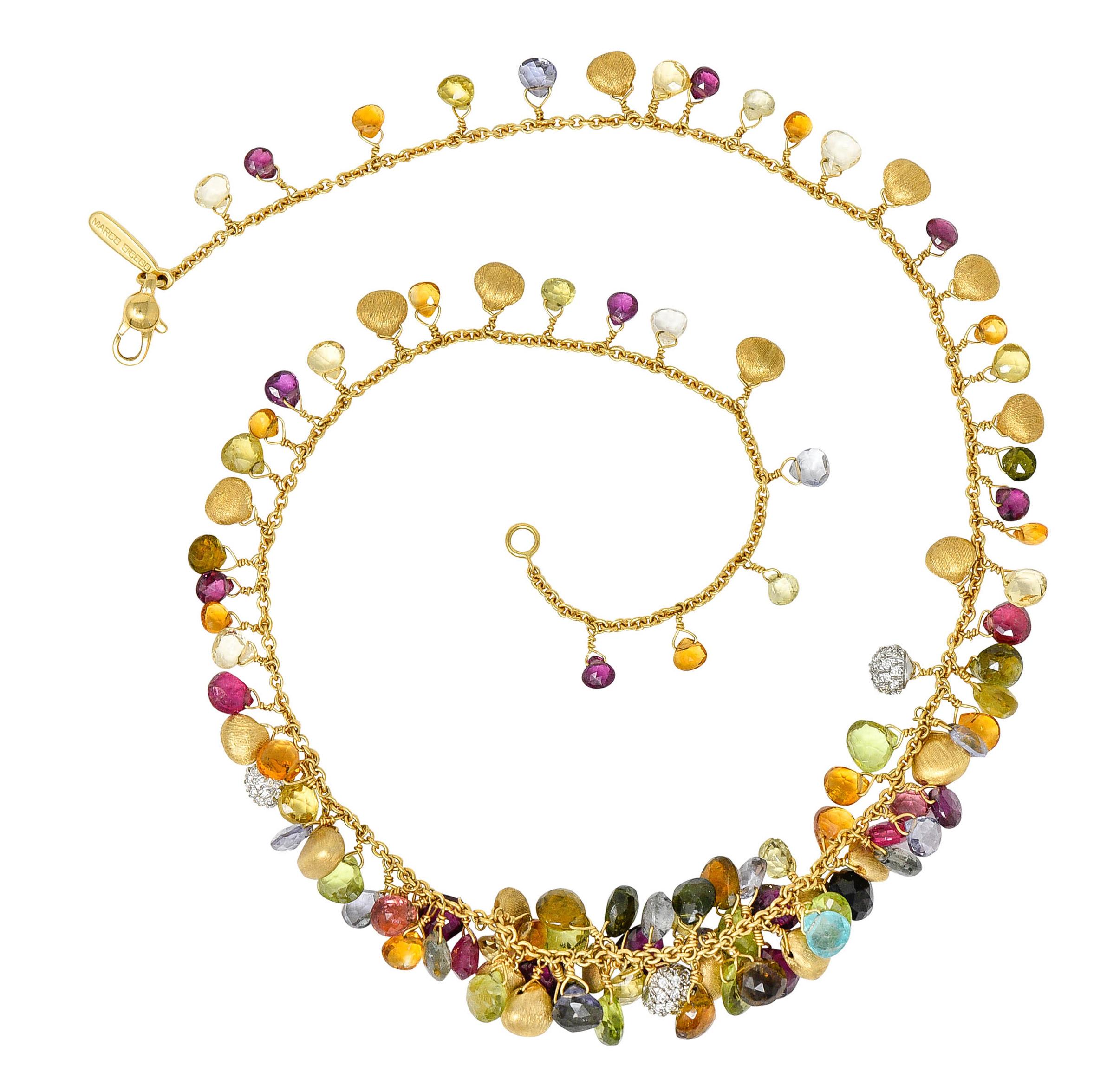 Classic cable chain necklace intermittently features brushed gold drops, pavè diamond drops, and faceted gemstone drops

Gemstones are briolette cut citrine, tourmaline, peridot, garnet, topaz, and others

Total diamond weight is approximately 0.75
