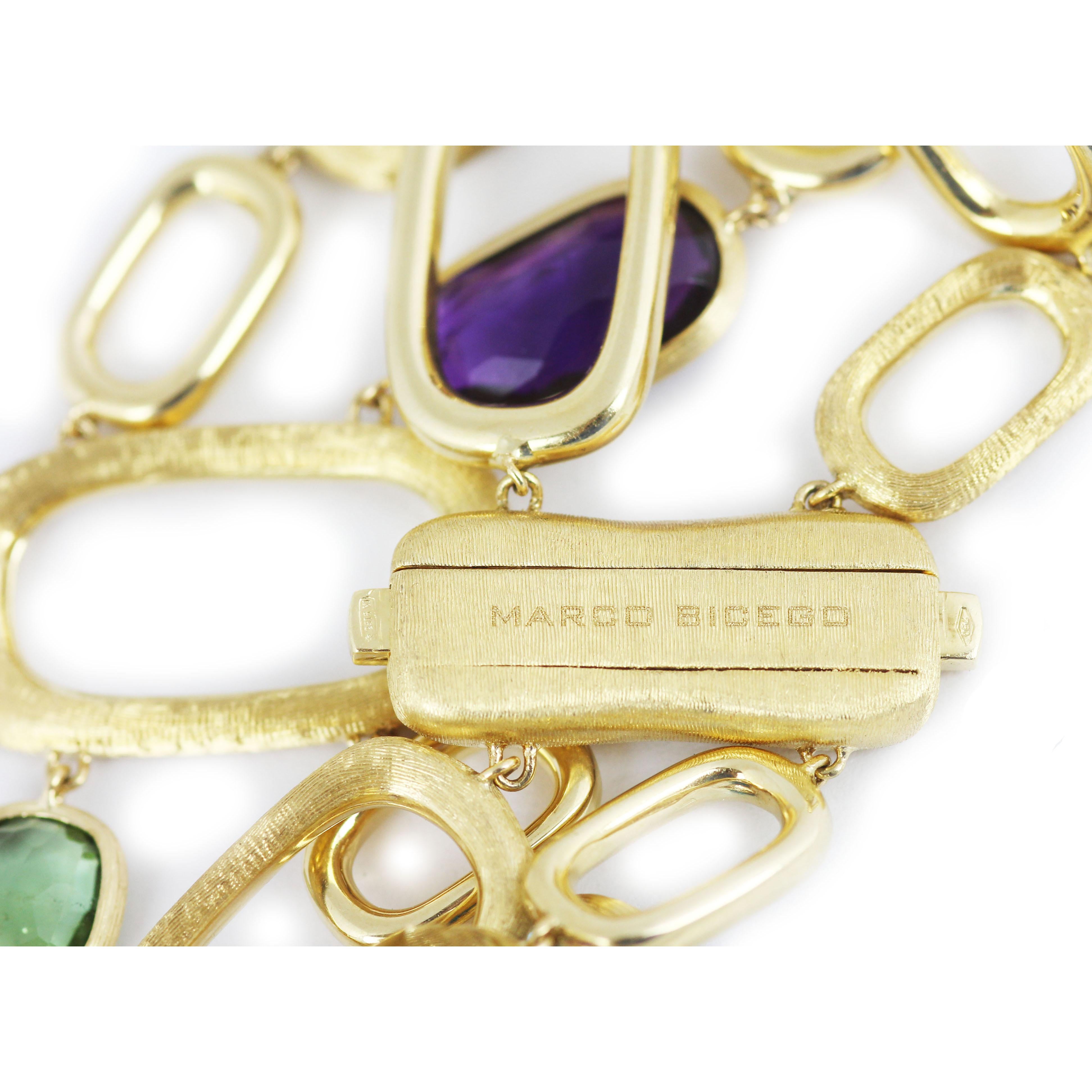 Marco Bicego Murano 18ct Yellow Gold Mixed Stone Bracelet.
The Marco Bicego Murano collection, inspired by the changing colours of the Venetian sea, showcases a spectacular array of coloured geometric gemstones that are highlighted by the hand