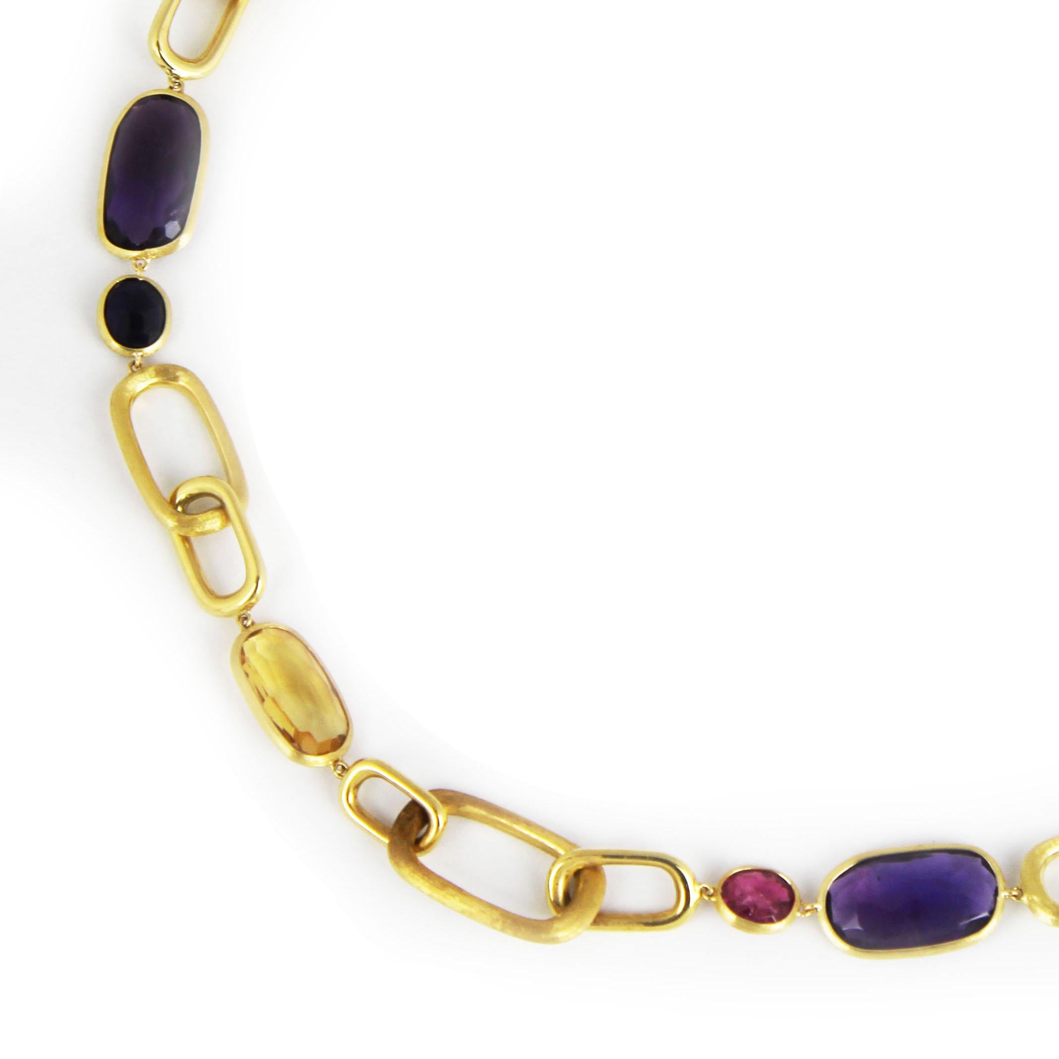 Marco Bicego Murano Mixed Stone 18ct Yellow Gold Necklace. 
The Marco Bicego Murano collection inspired by the changing colours of the Venetian sea, showcases a spectacular array of coloured geometric gemstones that are highlighted by the hand