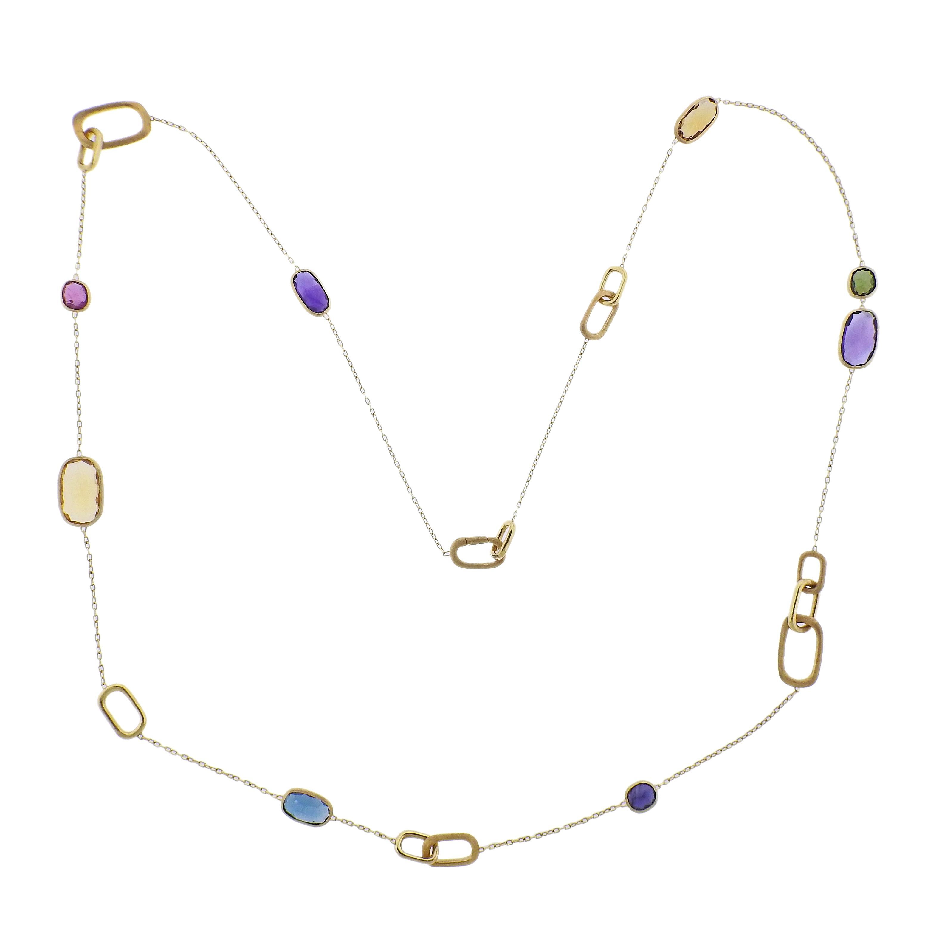 Marco Bicego Murano collection 18K gold link chain long necklace set with Amethyst, Tourmaline, Peridot, Citrine and Topaz gemstones. Neckalce is 36