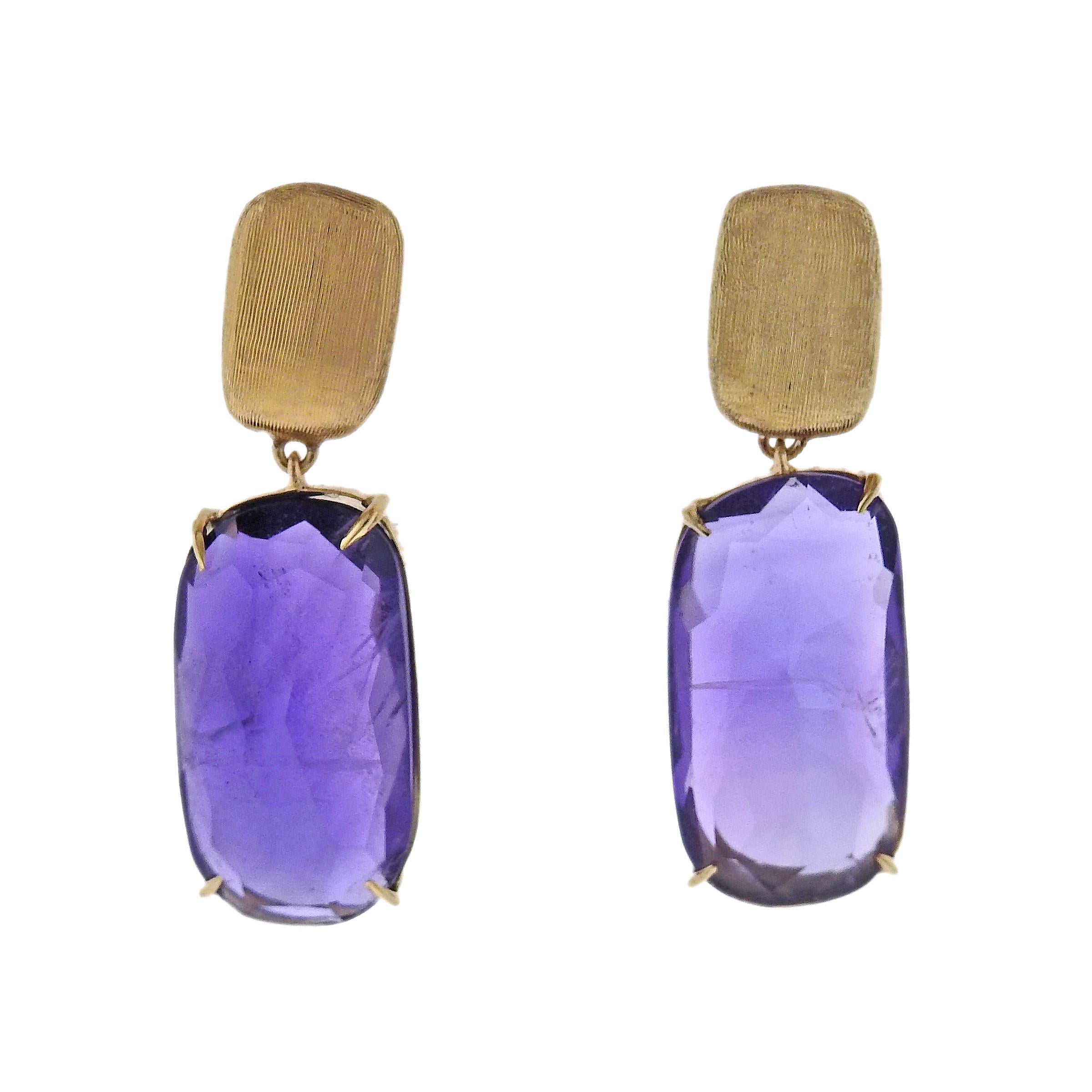 Marco Bicego Murano collection 18K yellow gold drop earrings, set with amethys gemstone. Earrings are 28mm long and 9mm at the widest point. Marked: Marco Bicego, Made in Italy, 750. Weight is 5.6 grams. 
