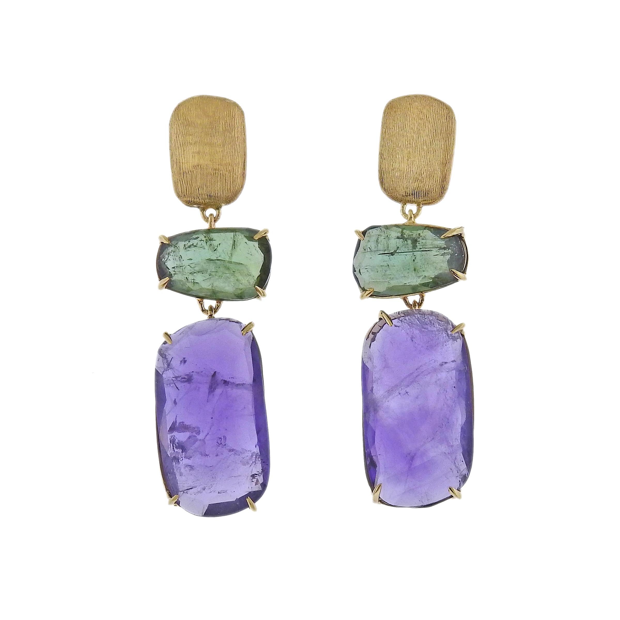 Marco Bicego Murano collection 18K yellow gold drop earrings, set with amethyst and green tourmaline gemstones. Earrings measure 45mm long and 9mm at the widest point. Marked: Marco Bicego, Made In Italy, 750. weight is 6.8 grams. 