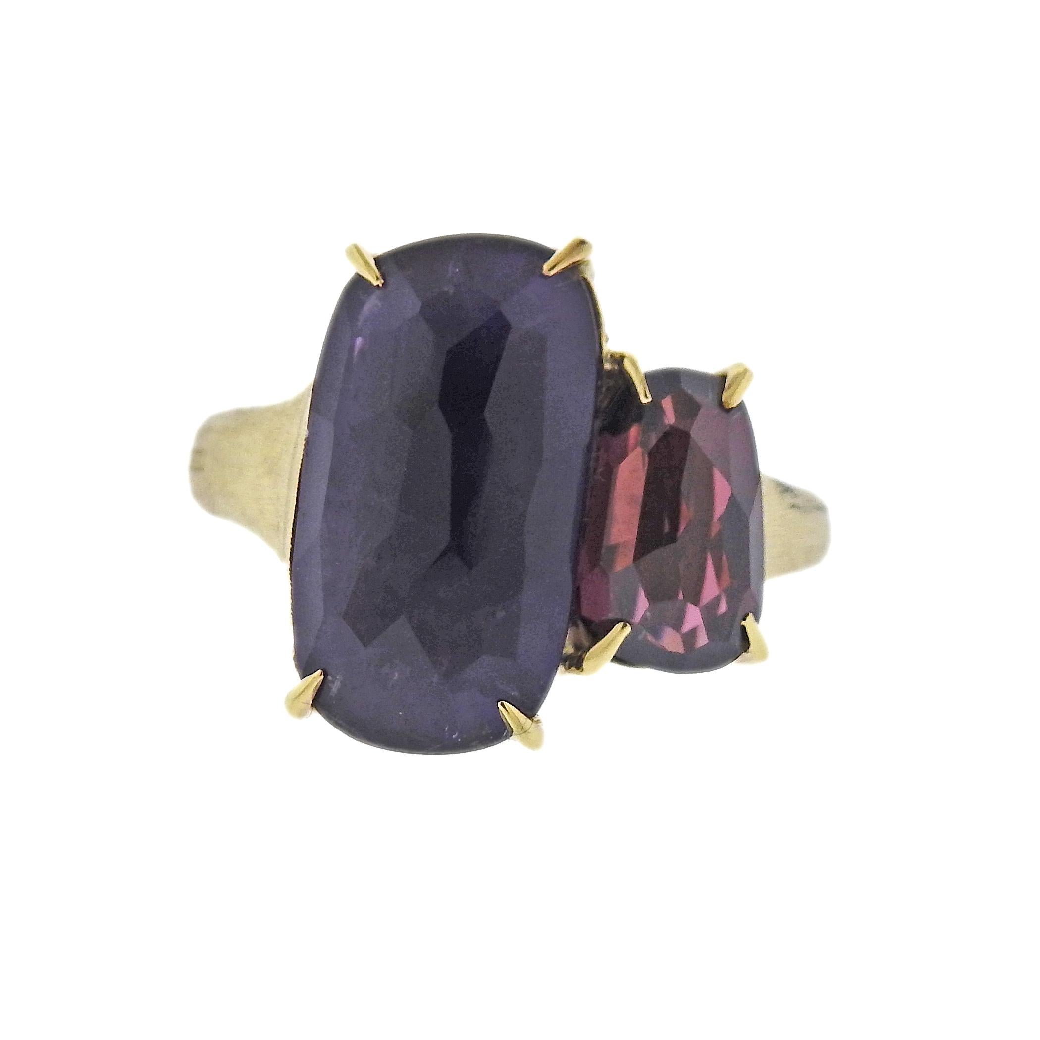Marco Bicego Murano collection 18K gold large ring set with amethyst and rhodolite gemstones. Ring top measures 32mm x 27mm and available in size 7 1/4. Marked: Marco Bicego, Made in Italy, 750. Weight is 13.2 grams.