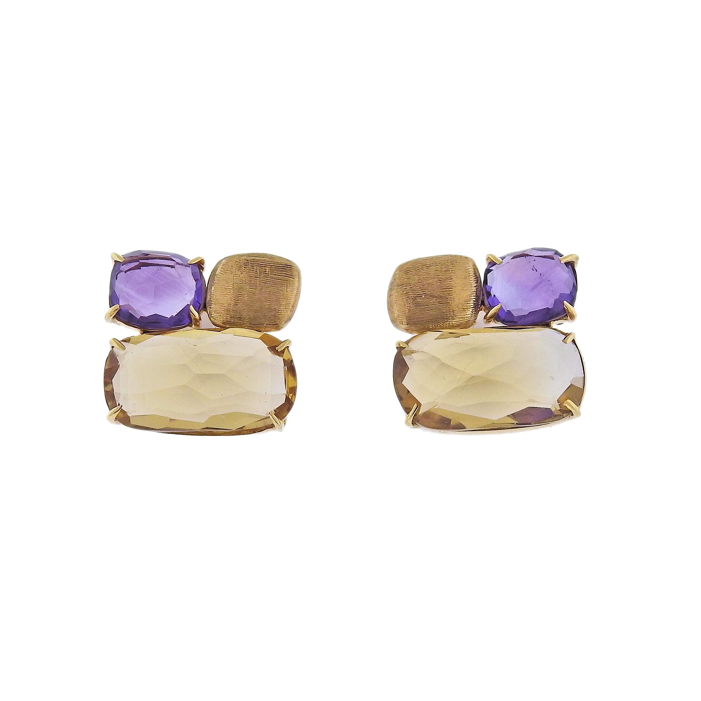 Marco Bicego Murano collection 18K yellow gold stud earrings, set with citrine and amethyst gemstones. Earrings measure 14mm x 13mm. Marked: Marco Bicego, Made in Italy, 750. Weight is 5.2 grams.