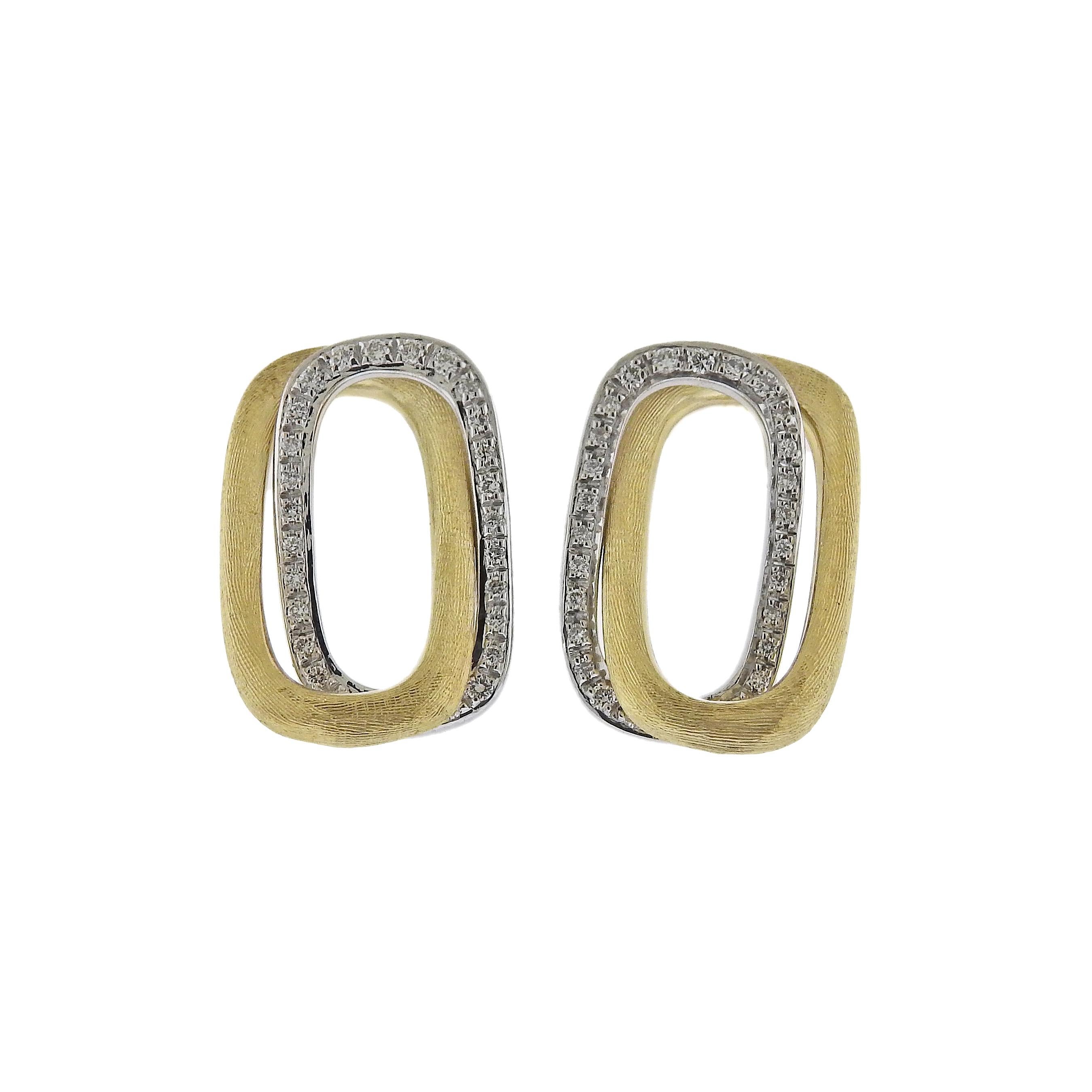 Marco Bicego Murano collection 18K yellow and white gold, interlocking link stud earrings, set with 0.33ctw of VS/G-H diamonds. Earrings measure 30mm x 24mm. Marked: Marco Bicego, Made in Italy, Italian mark, 750. Weight is 6.3 grams. Retail Value