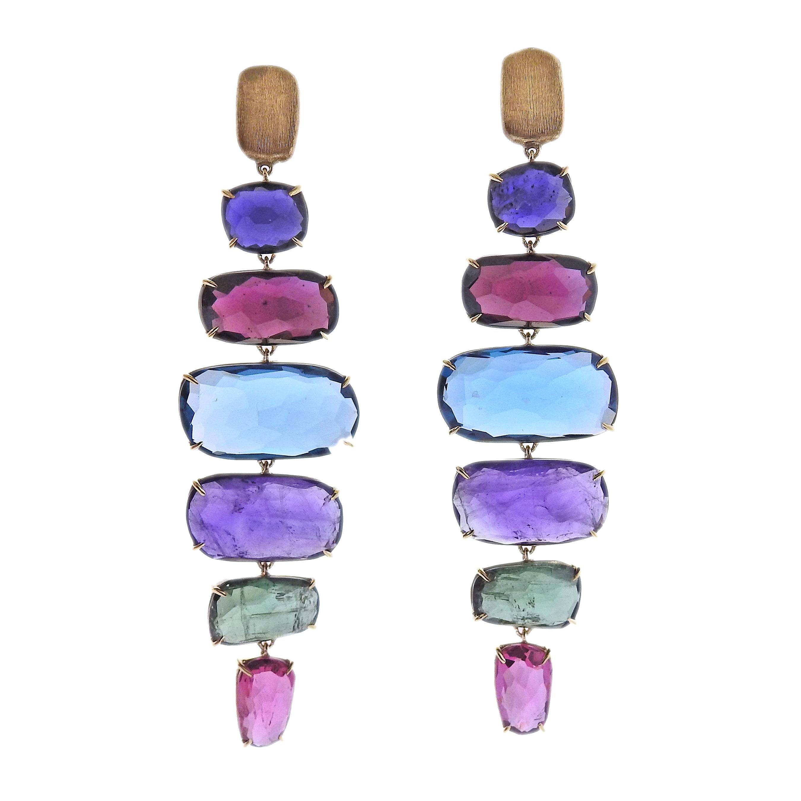 Marco Bicego Murano collection 18K yellow gold long drop earrings, set with Amethyst, Iolite, Peridot, Tourmaline, Topaz gemstones. Earrings are 2 3/4