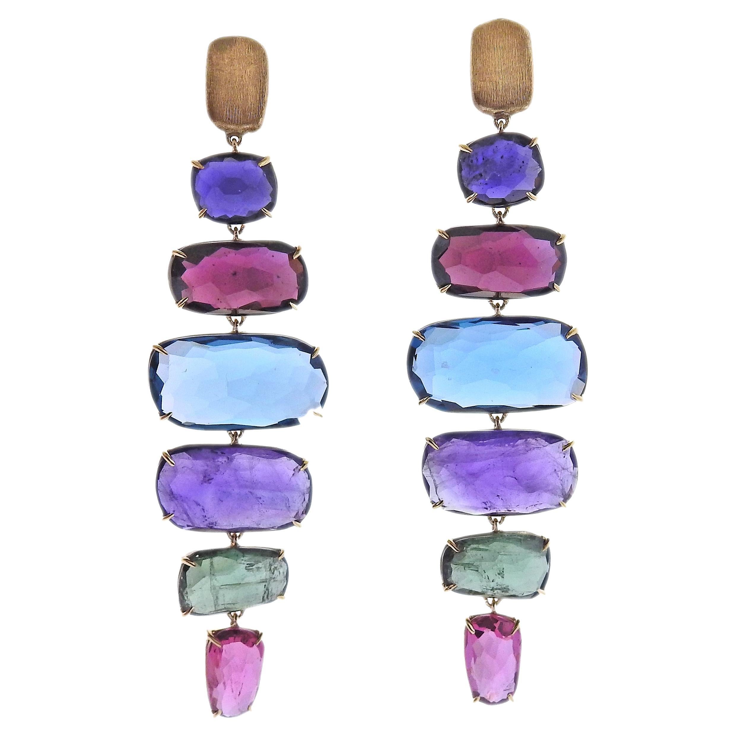 Marco Bicego Murano Gold Long Mix Gemstone Drop Earrings For Sale