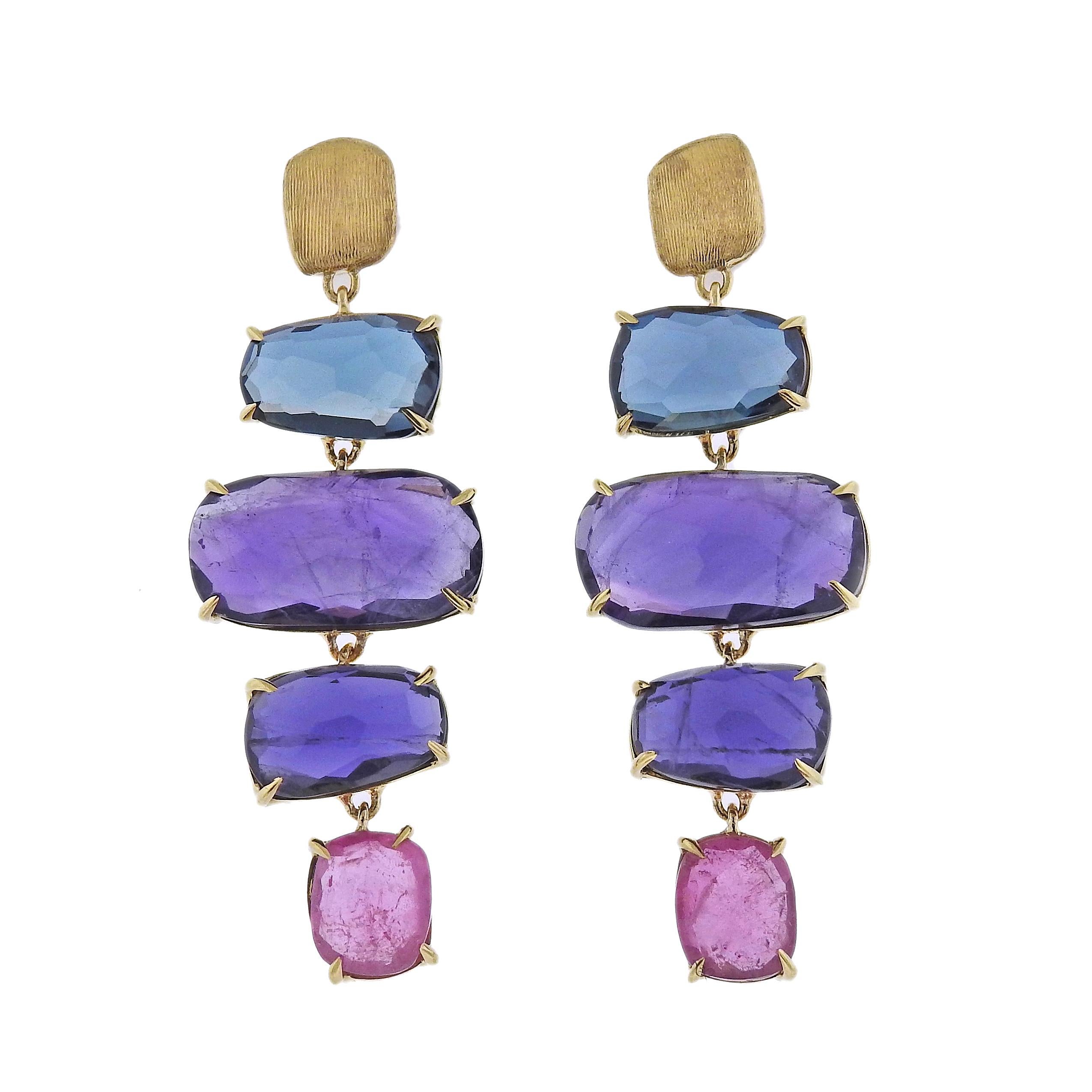 Marco Bicego Murano collection 18K yellow gold drop earrings, set with amethyst, tourmaline, topaz gemstones. Earrings measure 40mm long and 13mm at the widest point. Marked: Marco Bicego, Made in Italy, 750. Weight is 8.3 grams.