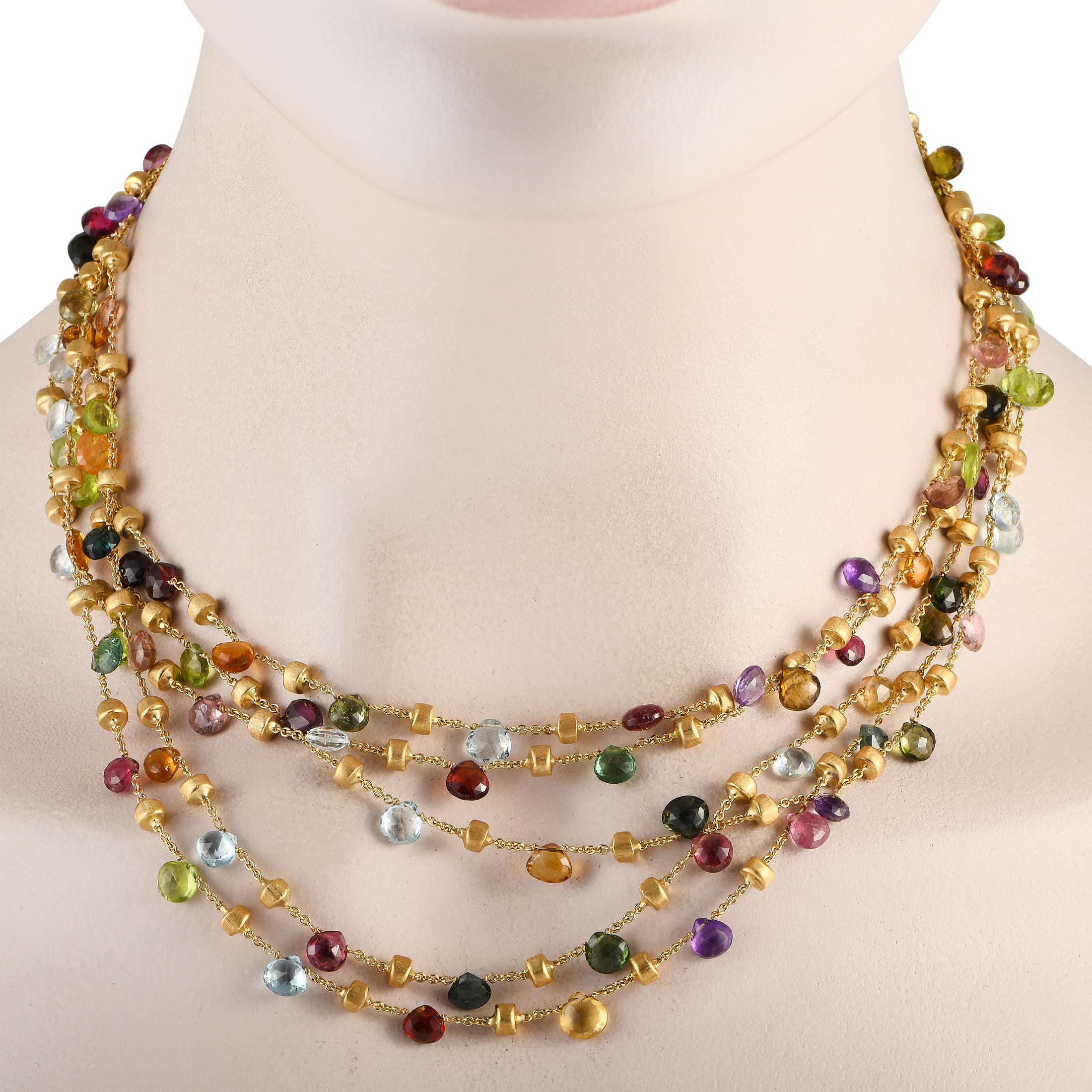 Diese Marco Bicego Paradise Halskette ist lebendig, energiegeladen und unglaublich aussagekräftig. Eine Reihe dynamischer, mehrfarbiger Edelsteine, die in 18 Karat Gelbgold gefädelt sind, machen dieses elegante Accessoire zu einer einzigartigen