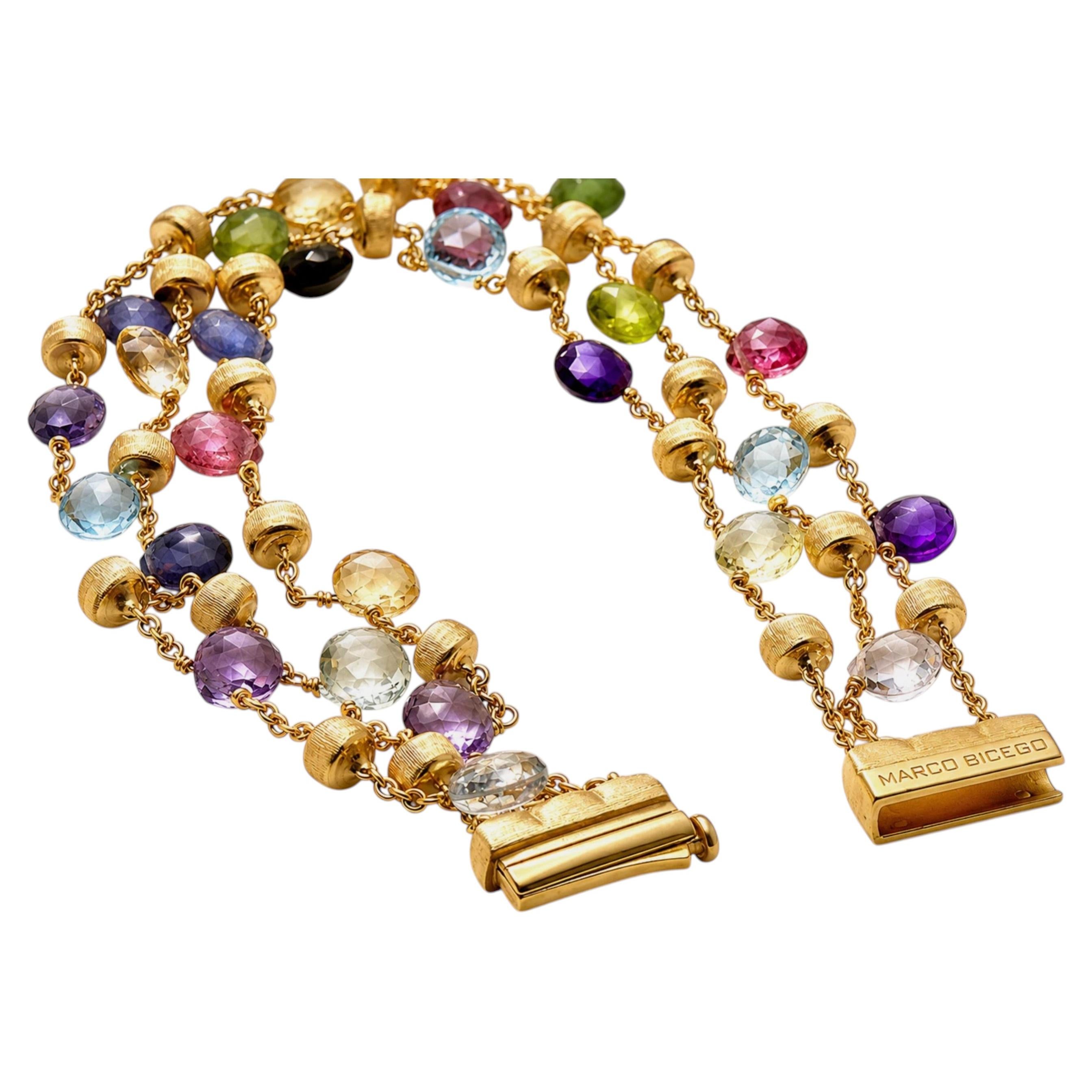 Marco Bicego Paradise Multi-Gemstone Triple Strand Bracelet 18k Yellow Gold 7 in