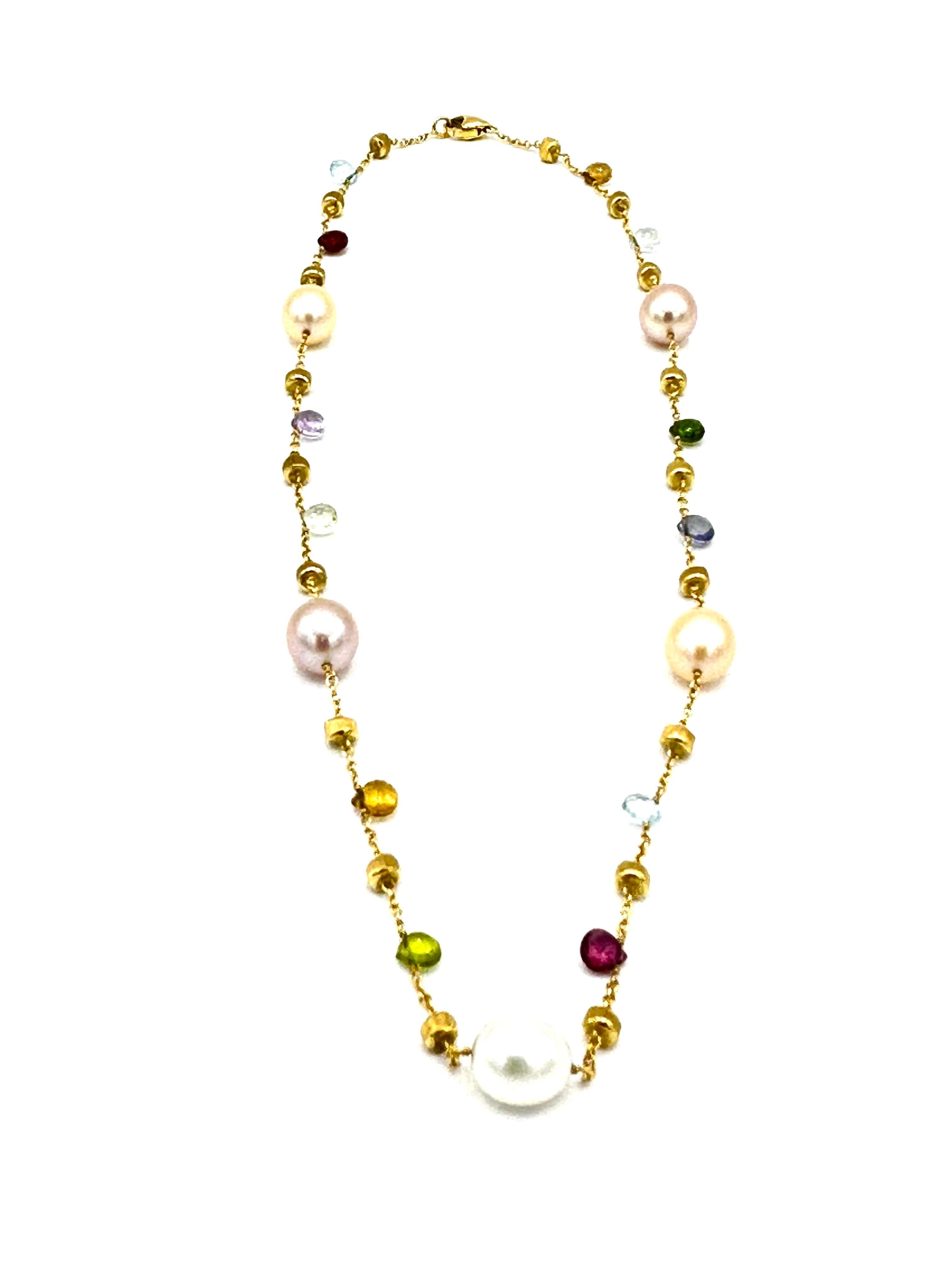 Join the fiesta whenever you wear this delightful necklace from Marco Bicego's Paradise collection. The necklace is crafted in 18k yellow gold and showcases incandescent freshwater pearls, multicolored gemstones and 18kt yellow gold rondelles. The