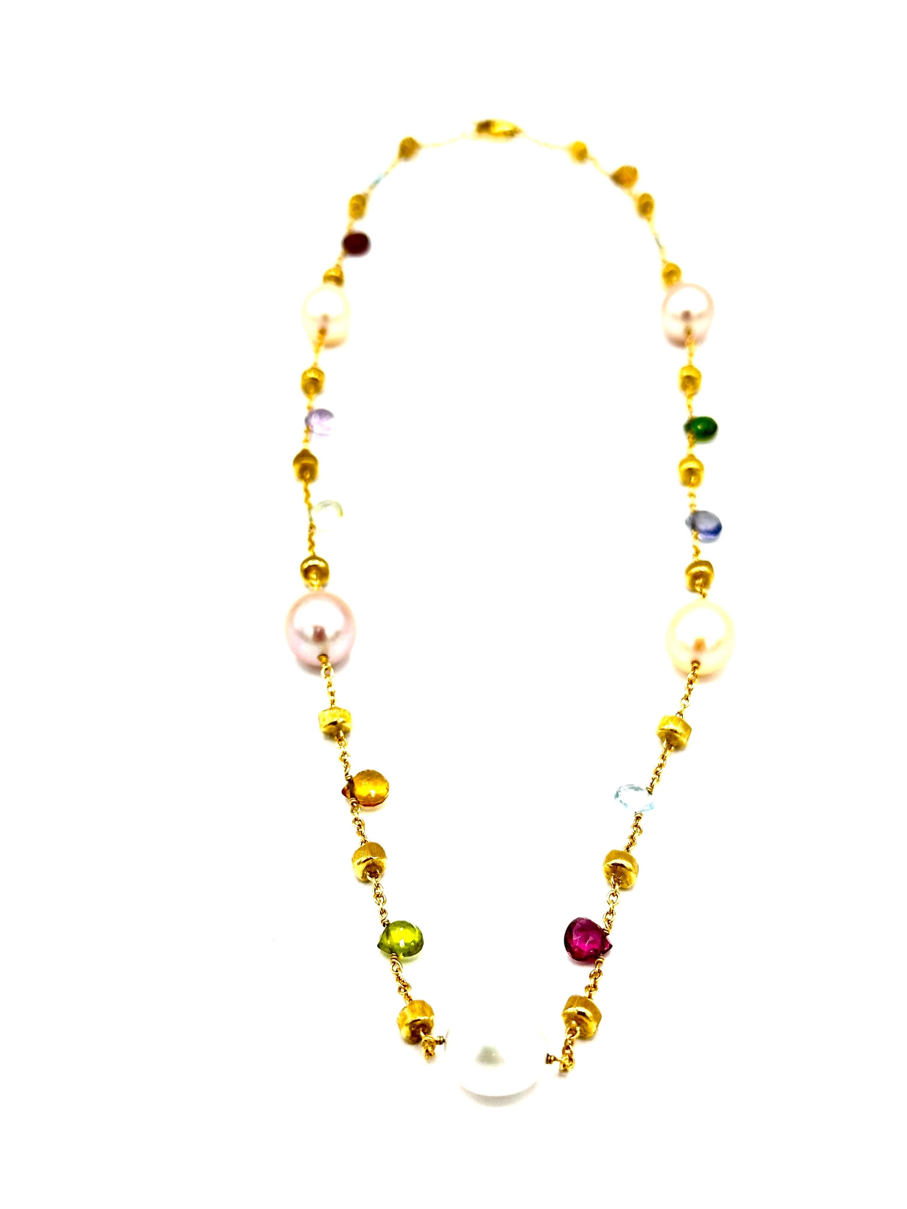Modern Marco Bicego Paradise Multicolor Gemstone Pearl and 18K Yellow Gold Necklace