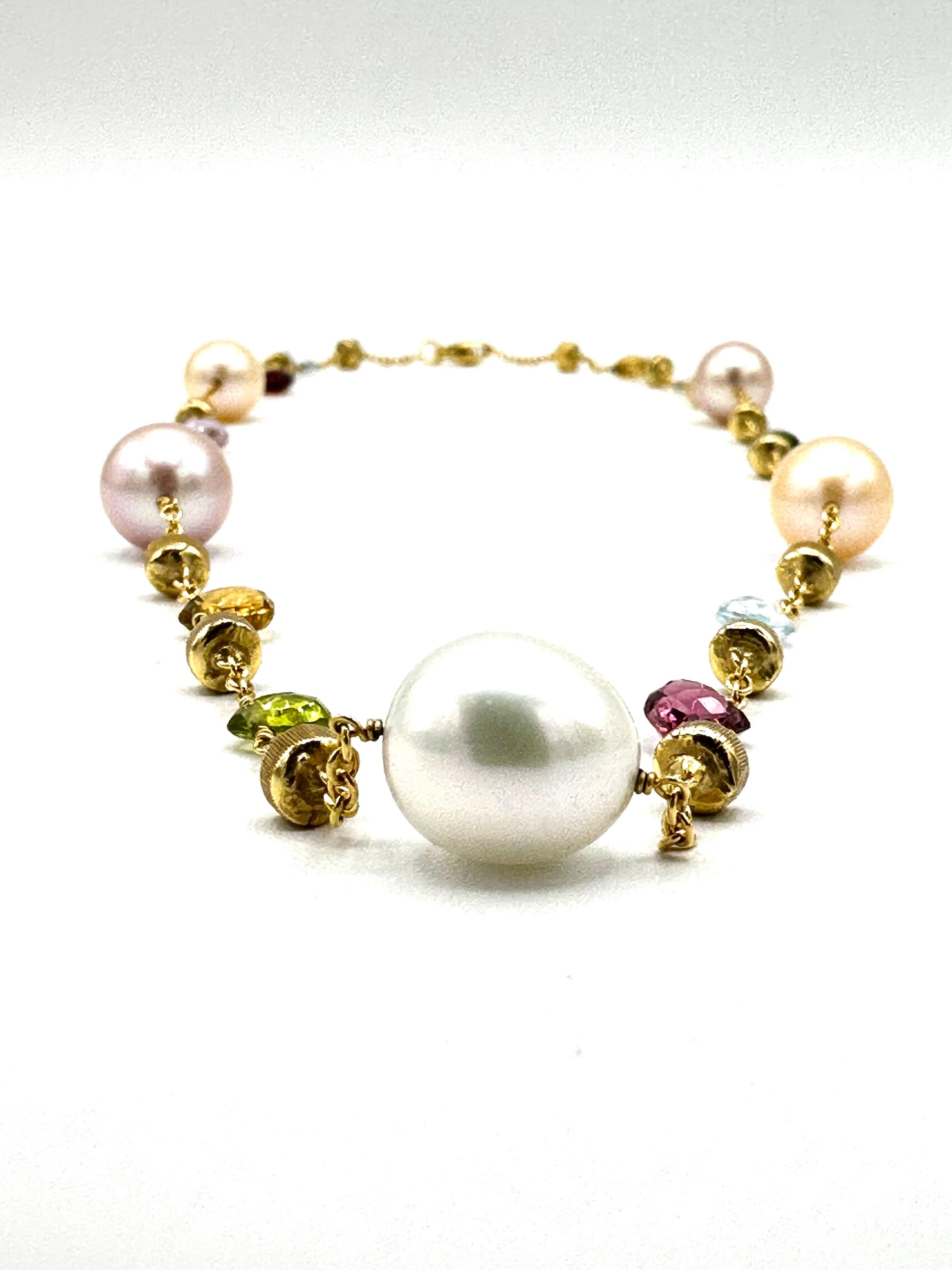Mixed Cut Marco Bicego Paradise Multicolor Gemstone Pearl and 18K Yellow Gold Necklace