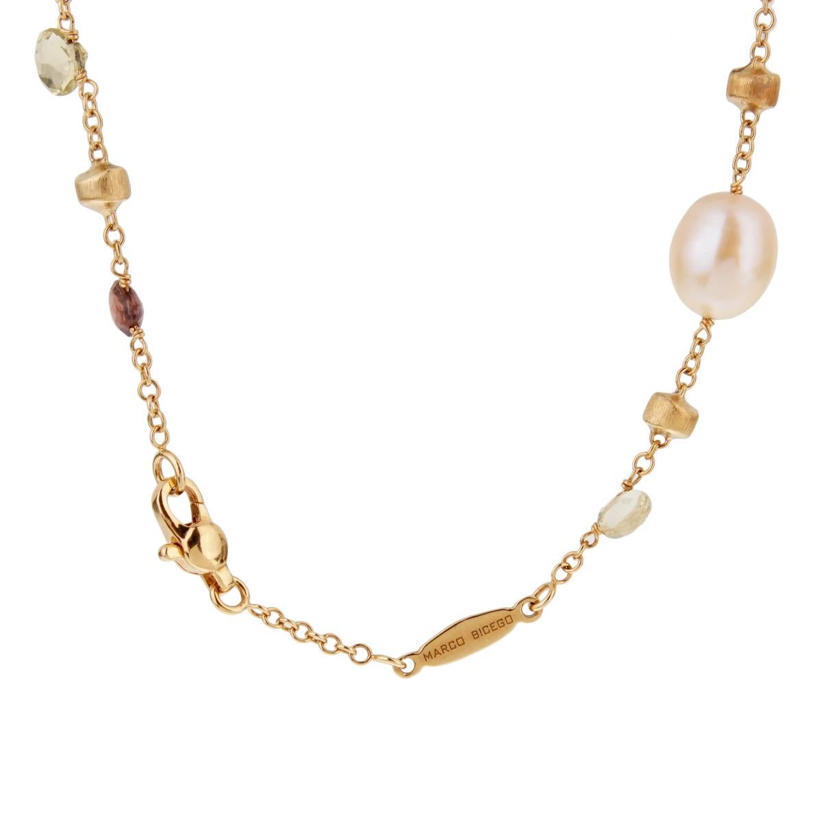 Join the fiesta whenever you wear this delightful necklace from Marco Bicego's Paradise collection. The necklace crafted in 18k yellow gold showcases Incandescent freshwater pearls, multicolored gemstones and 18kt yellow gold nuggets.

Necklace