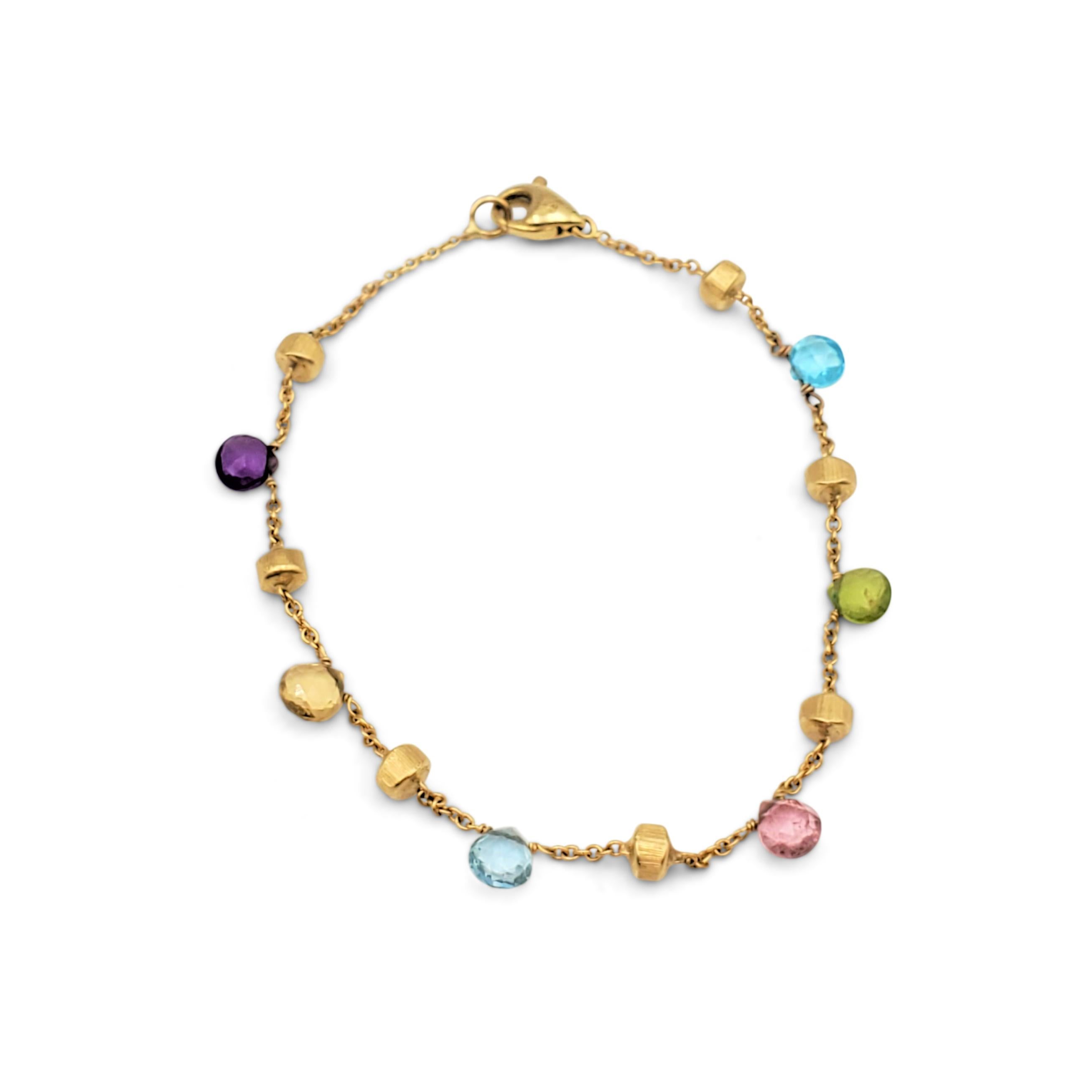 Authentic Marco Bicego bracelet from the 'Paradise' collection. A vibrant blend of semi-precious stones on a delicate link chain with hand-engraved, 18k gold stations. The bracelet may include amethyst, light amethyst, green amethyst, iolite,