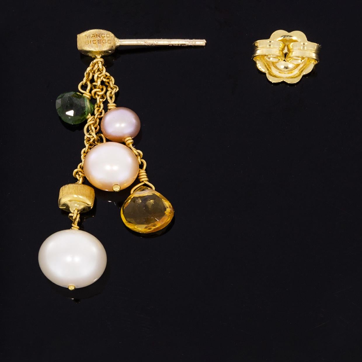 Marco Bicego Paradise Yellow Gold Multi Gemstone and Pearl Drop Dangle Earrings In Excellent Condition In Columbia, MO