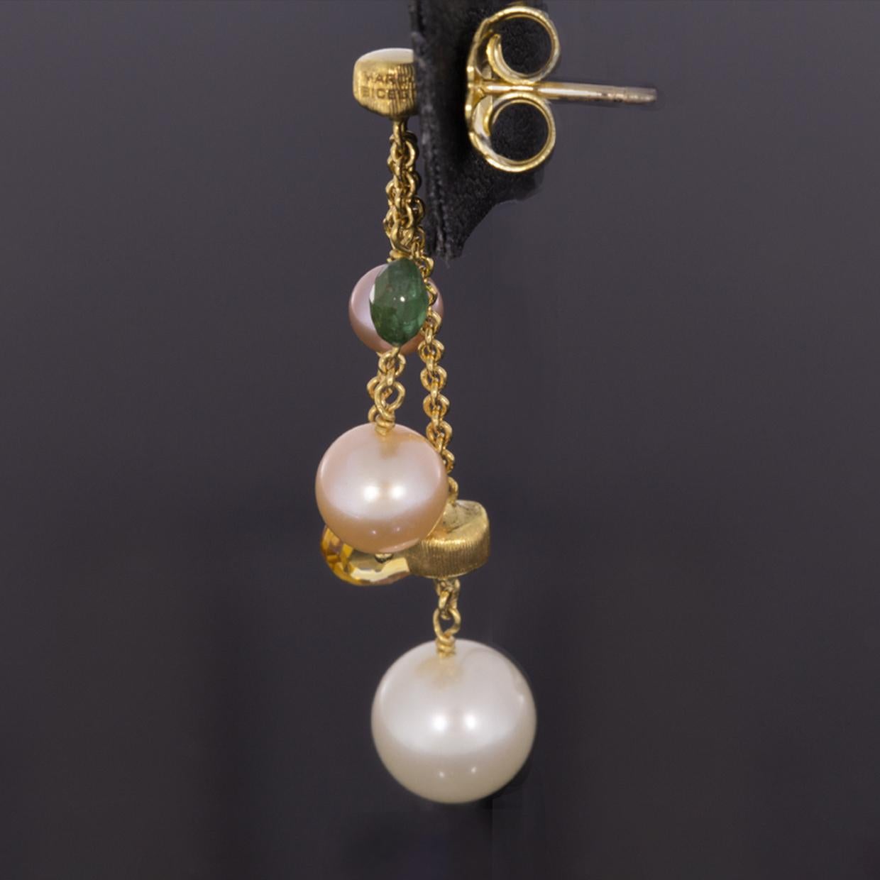 Women's Marco Bicego Paradise Yellow Gold Multi Gemstone and Pearl Drop Dangle Earrings