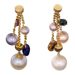 Marco Bicego Paradise Yellow Gold Multi Gemstone and Pearl Drop Dangle Earrings