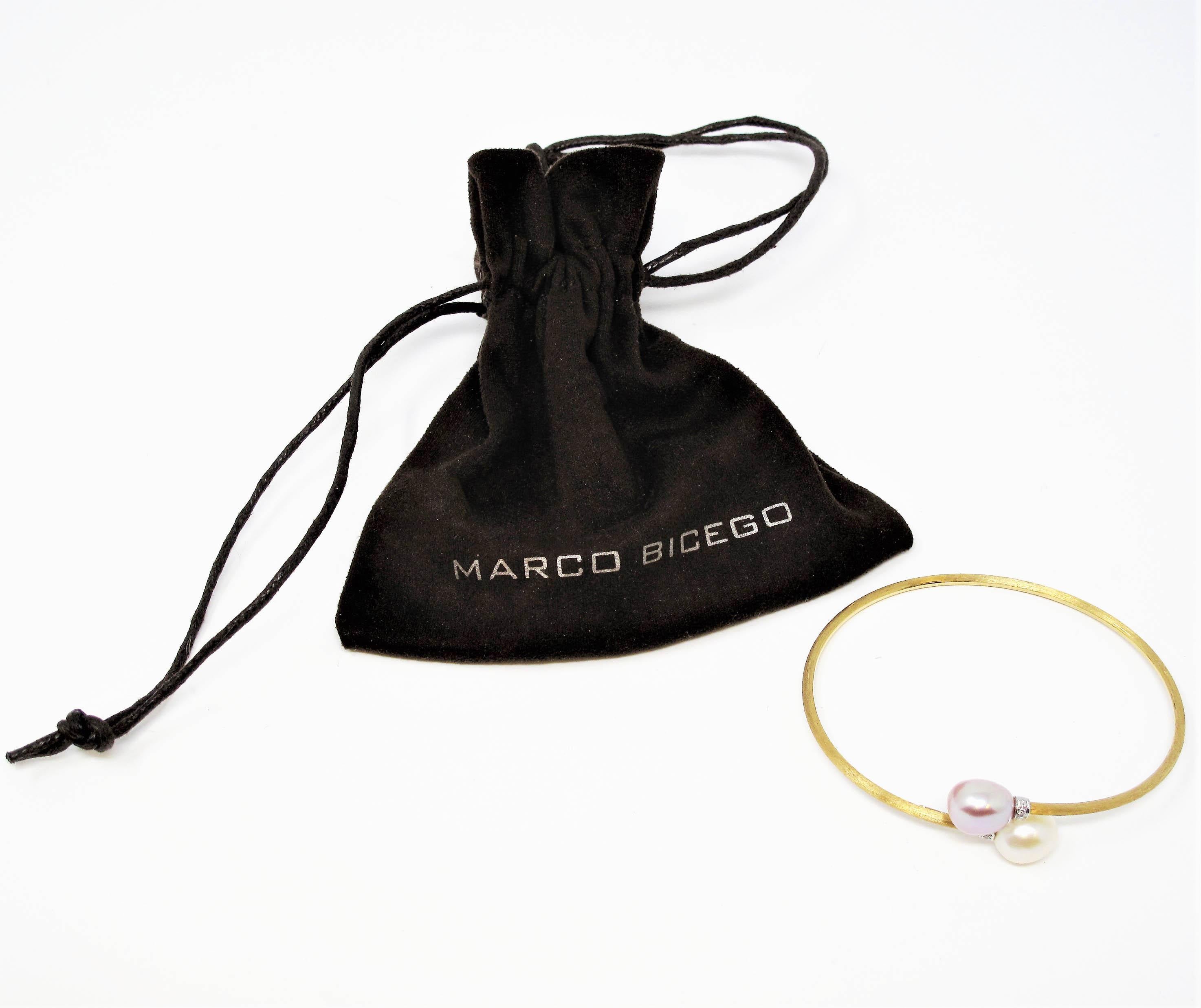 Marco Bicego Pave Diamond 18 Karat Gold Two-Tone Pearl Bypass Bangle Bracelet 5