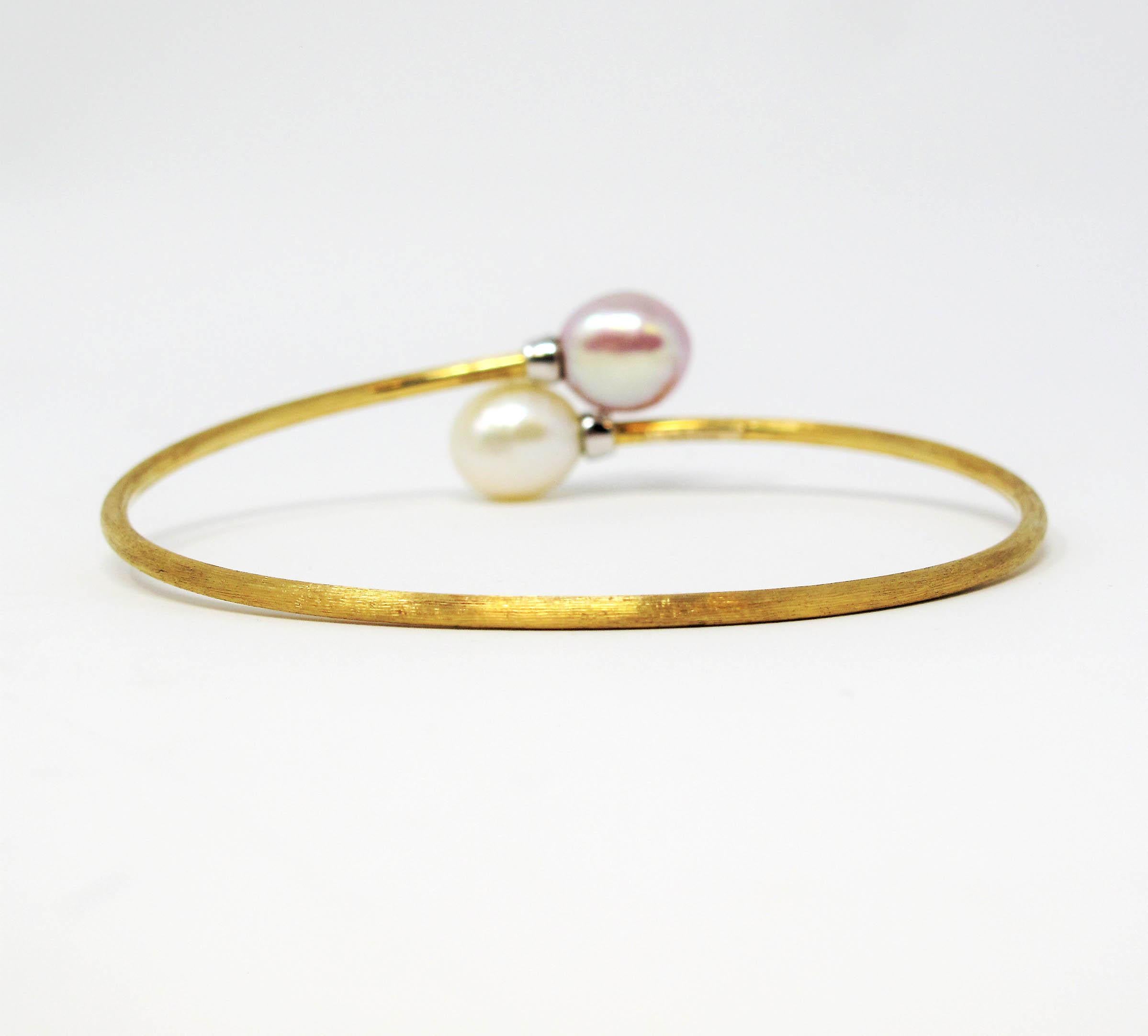 Round Cut Marco Bicego Pave Diamond 18 Karat Gold Two-Tone Pearl Bypass Bangle Bracelet