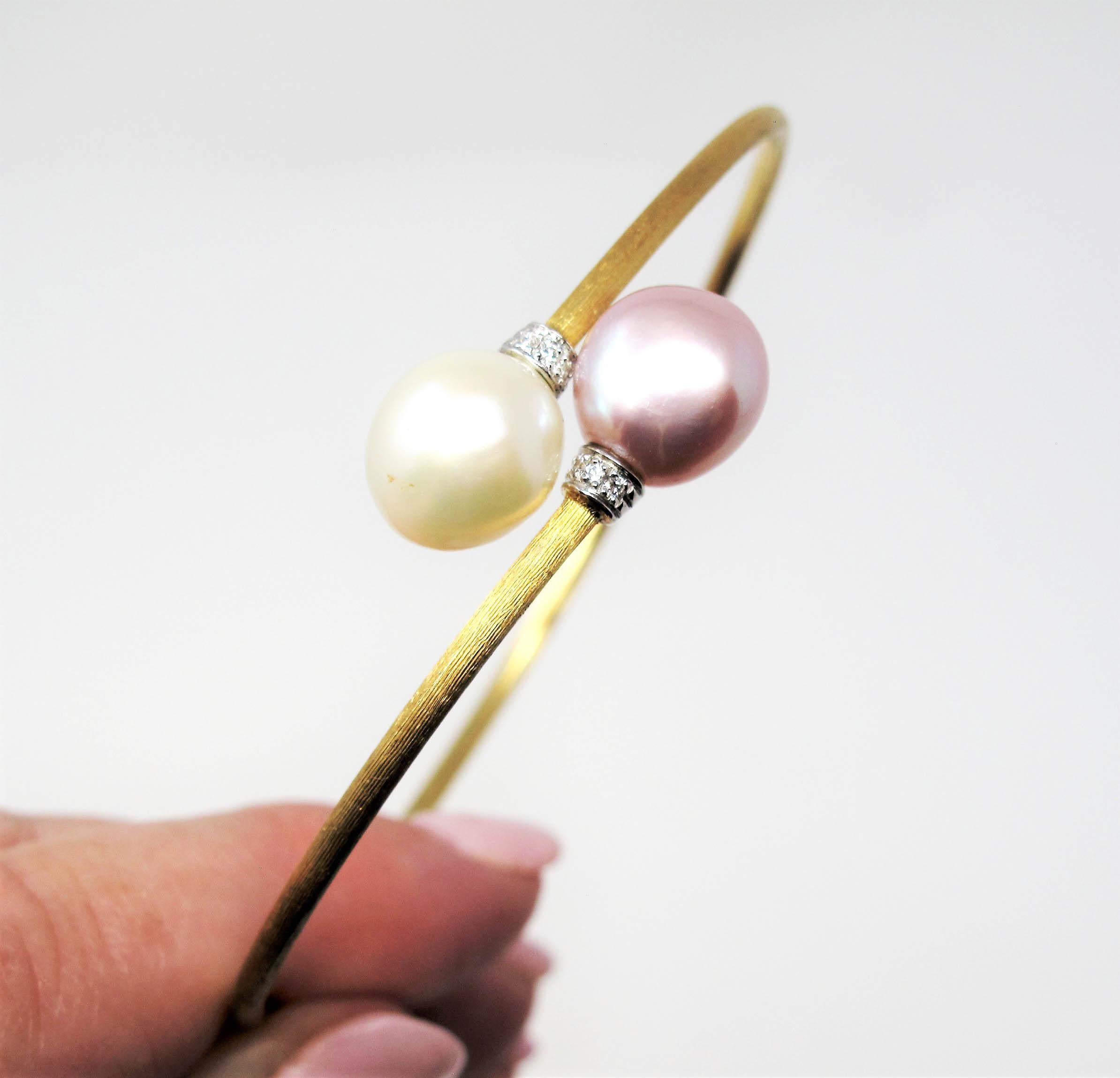 Marco Bicego Pave Diamond 18 Karat Gold Two-Tone Pearl Bypass Bangle Bracelet In Good Condition In Scottsdale, AZ
