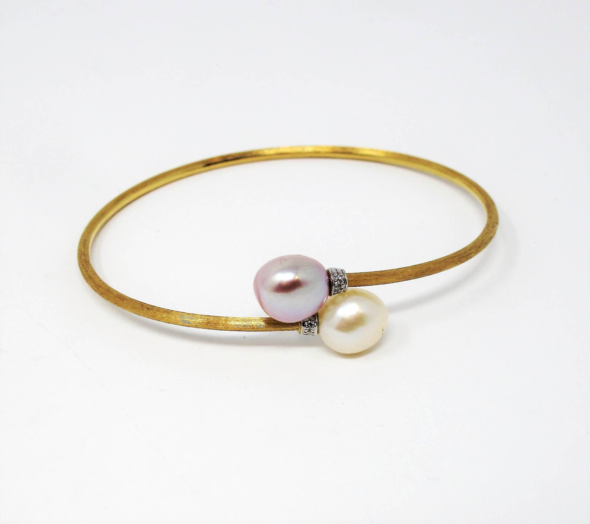 Women's Marco Bicego Pave Diamond 18 Karat Gold Two-Tone Pearl Bypass Bangle Bracelet