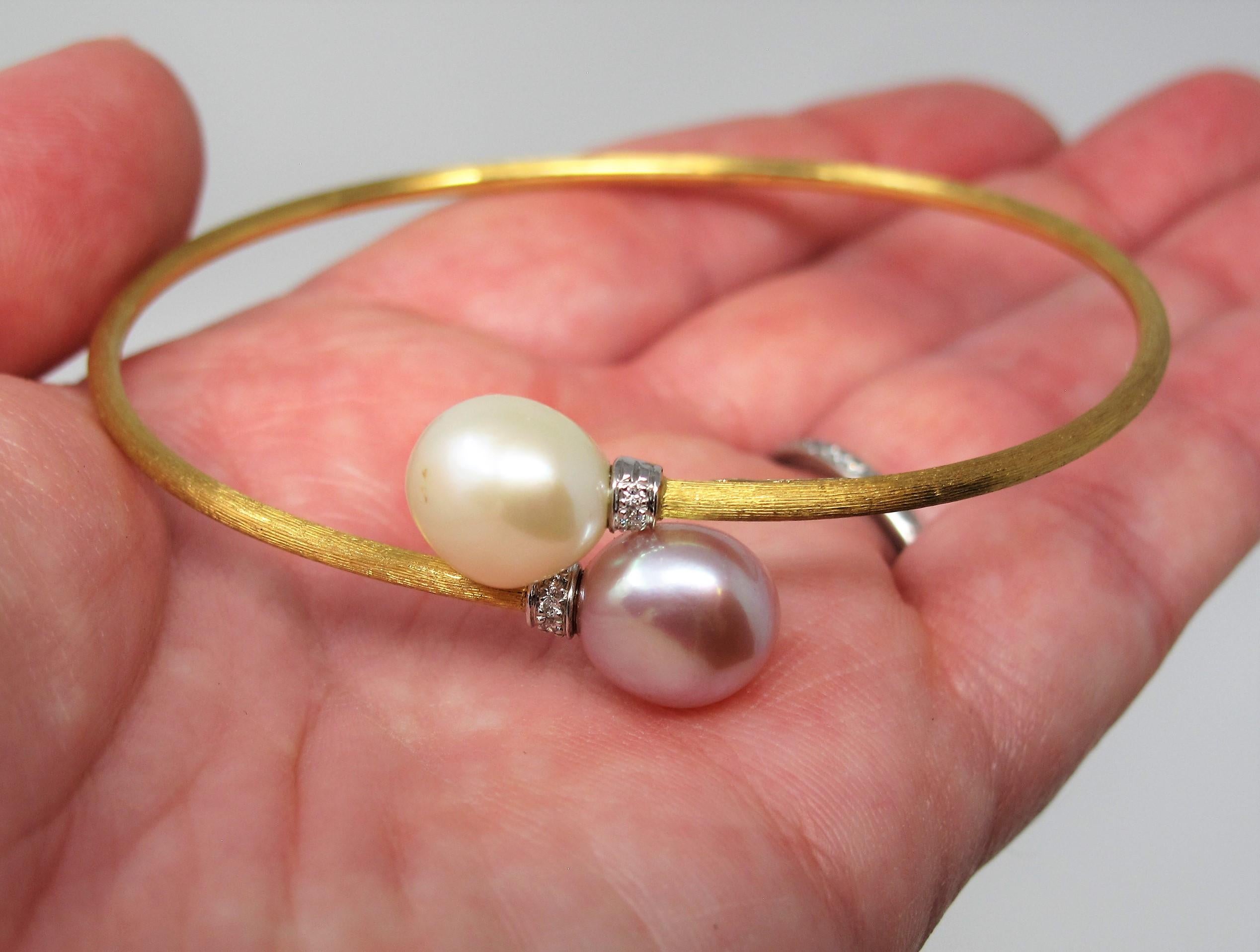 Marco Bicego Pave Diamond 18 Karat Gold Two-Tone Pearl Bypass Bangle Bracelet 2