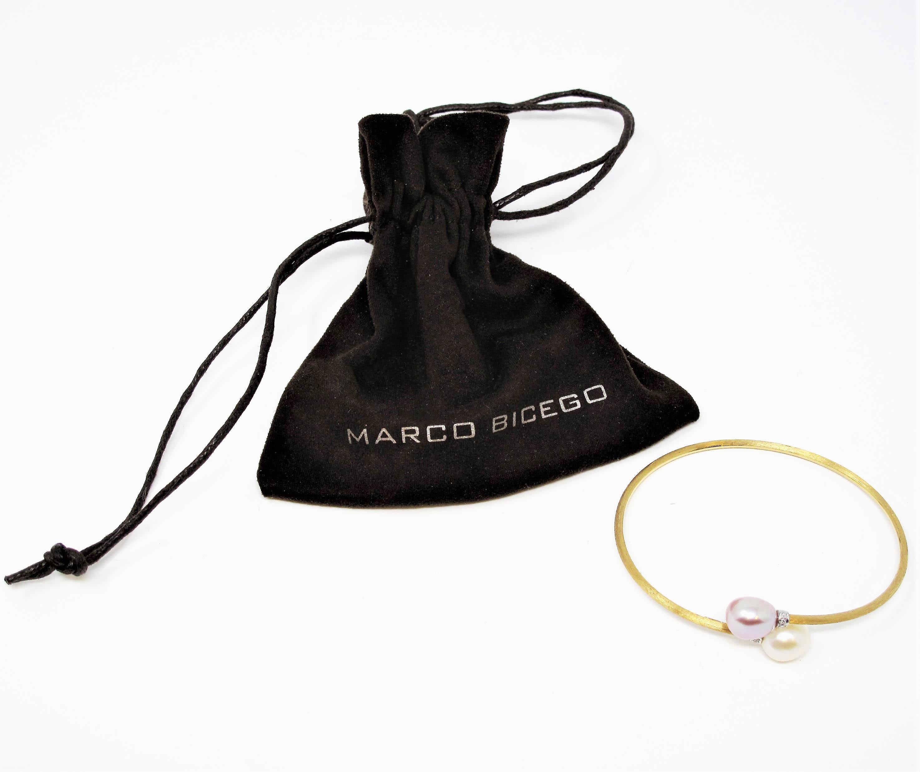 Marco Bicego Pave Diamond 18 Karat Gold Two-Tone Pearl Bypass Bangle Bracelet 4