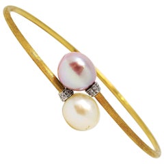 Marco Bicego Pave Diamond 18 Karat Gold Two-Tone Pearl Bypass Bangle Bracelet