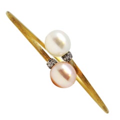 Marco Bicego Pave Diamond 18 Karat Gold Two-Tone Pearl Bypass Bangle Bracelet