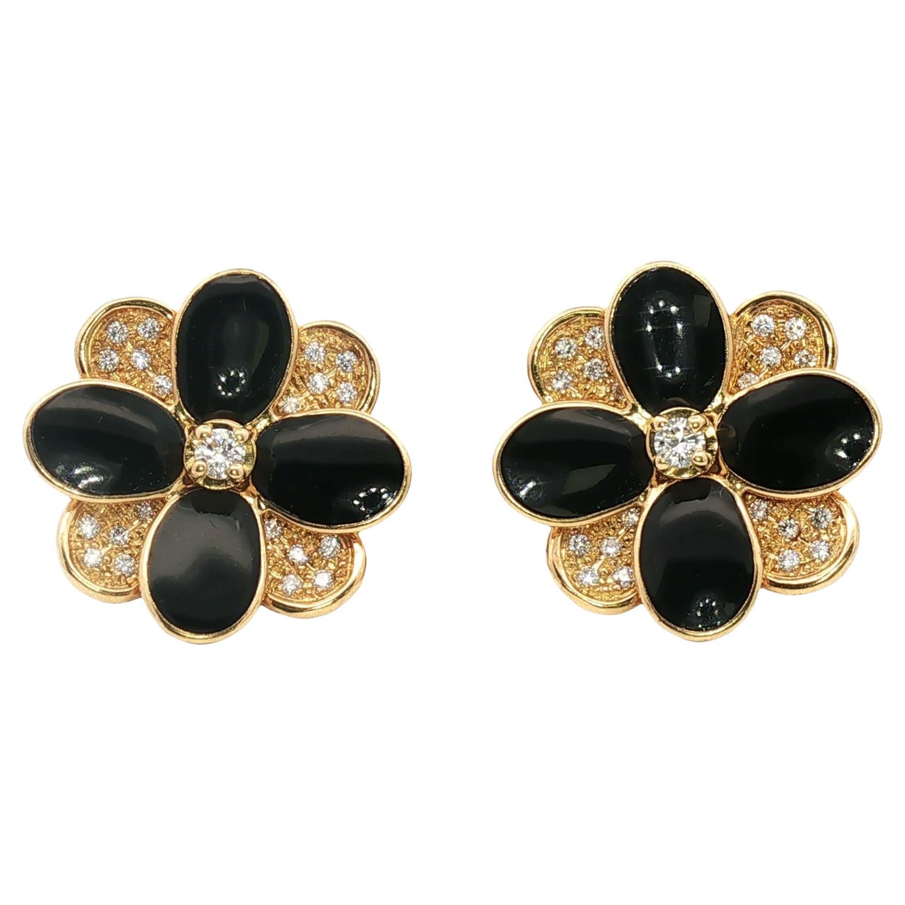 Marco Bicego Petali Diamond Black Enamel Floral 18 Karat Yellow Gold Earrings