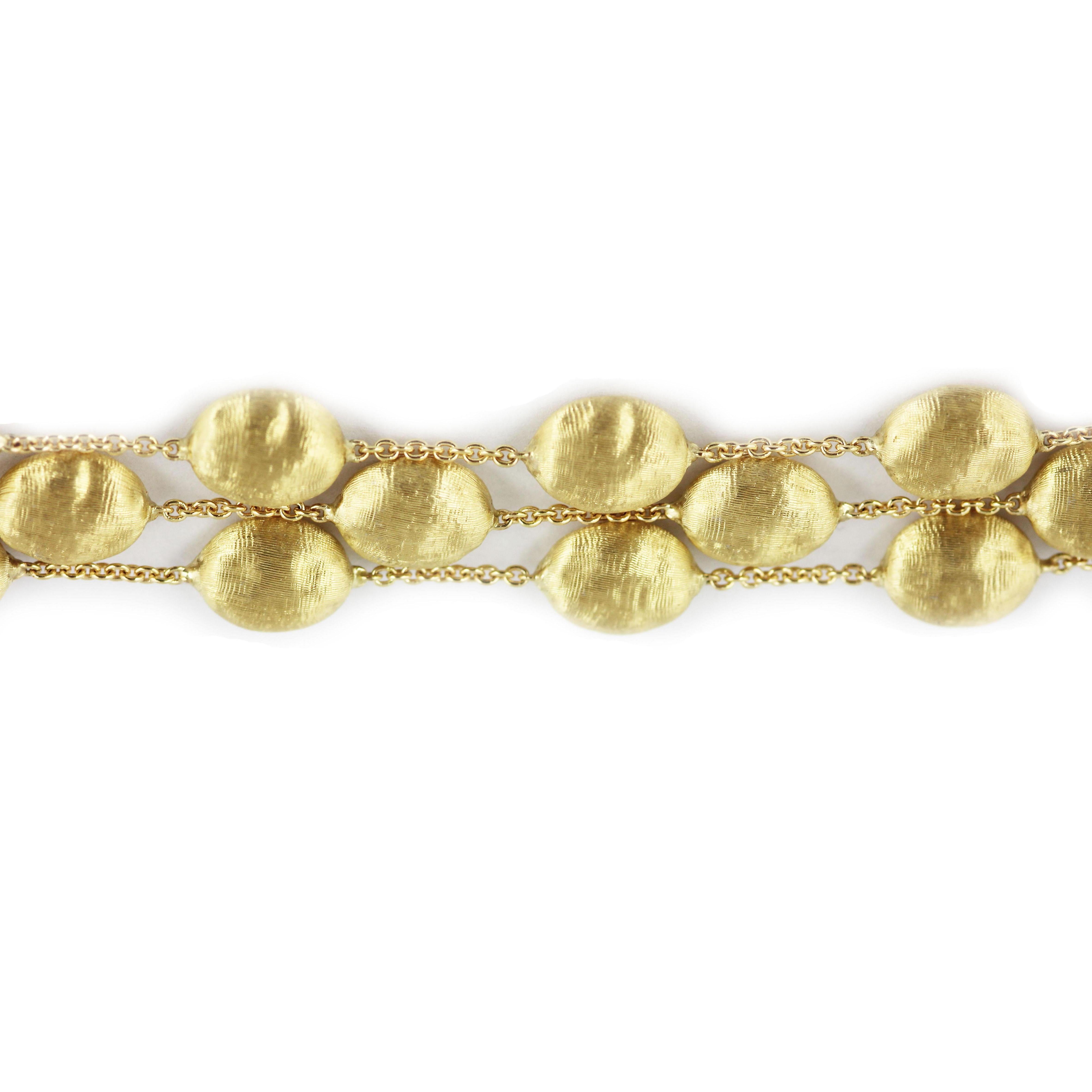 Marco Bicego Siviglia 18ct Yellow Gold 3 strand Bracelet.
New retail price approximate £2,220
The Marco Bicego Siviglia collection is inspired by the beautiful and exotic cobblestone streets of Seville in Spain. The collection features pieces with