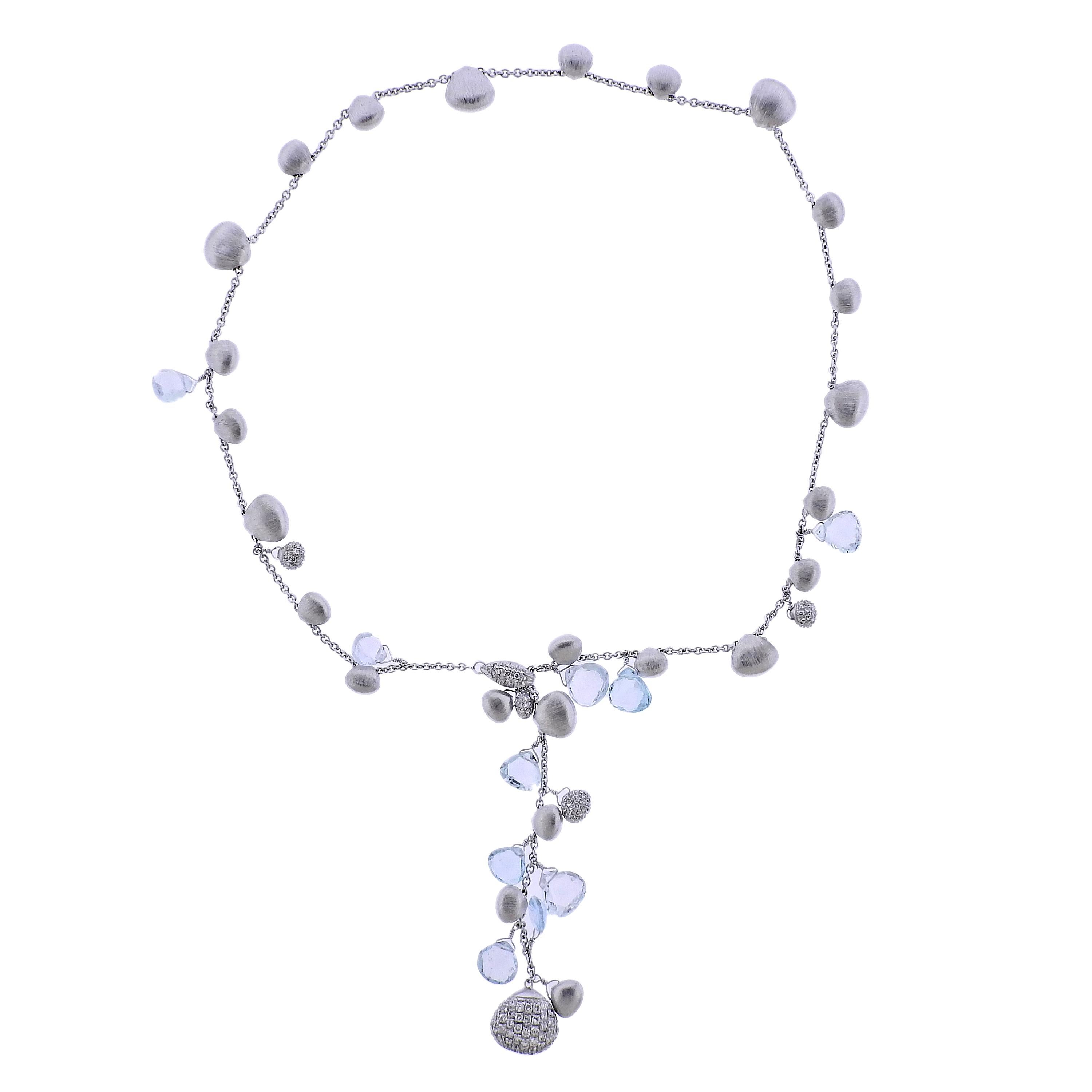 Marco Bicego Siviglia collection 18K white gold aquamarine diamond pendant necklace. Necklace measures 18.5