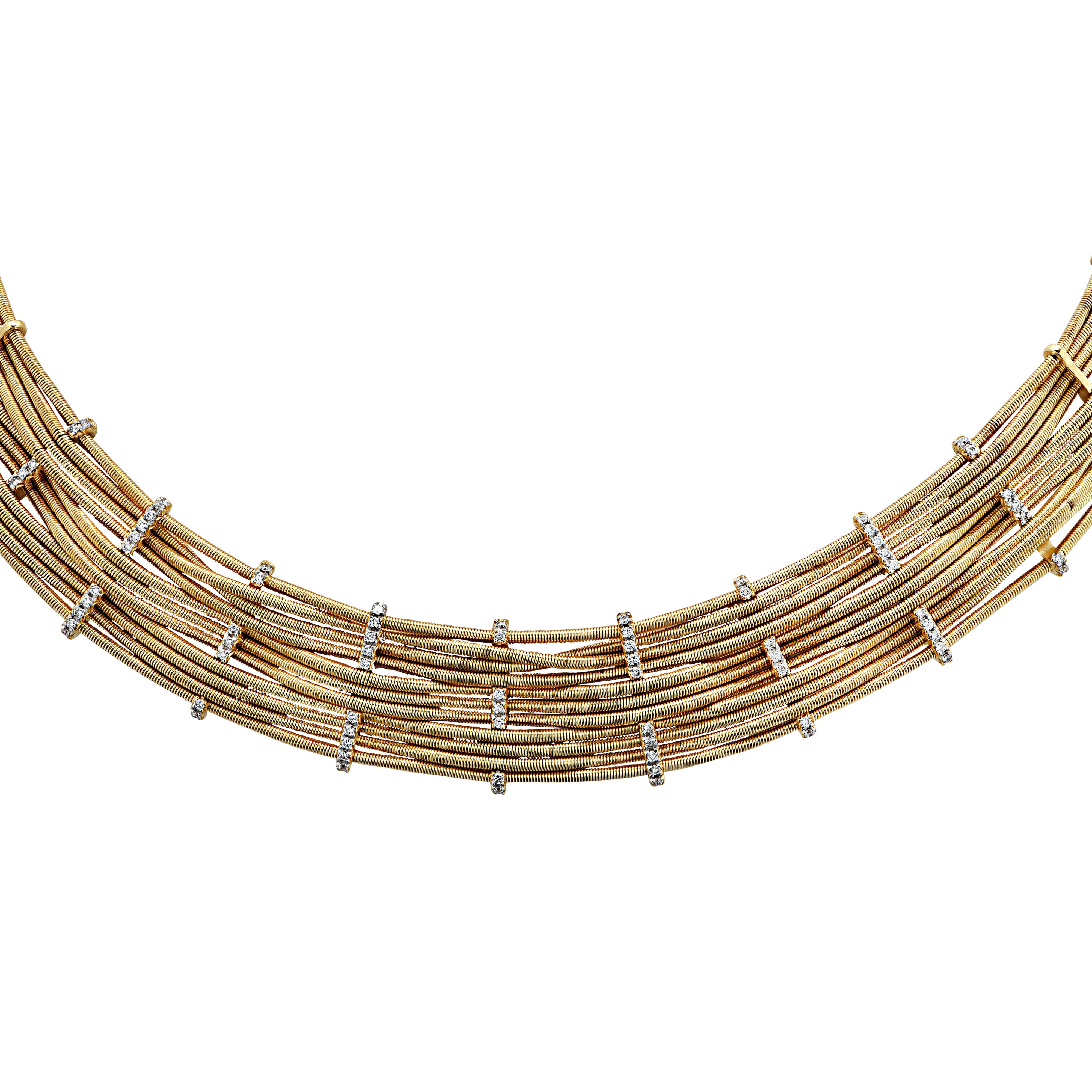 Sensational Marco Bicego collar necklace handcrafted in Italy in 18 karat yellow gold, featuring 75 round brilliant cut diamonds weighing approximately .56 carats total, G color, VS clarity. Pieces of gold are coiled into strands and woven between