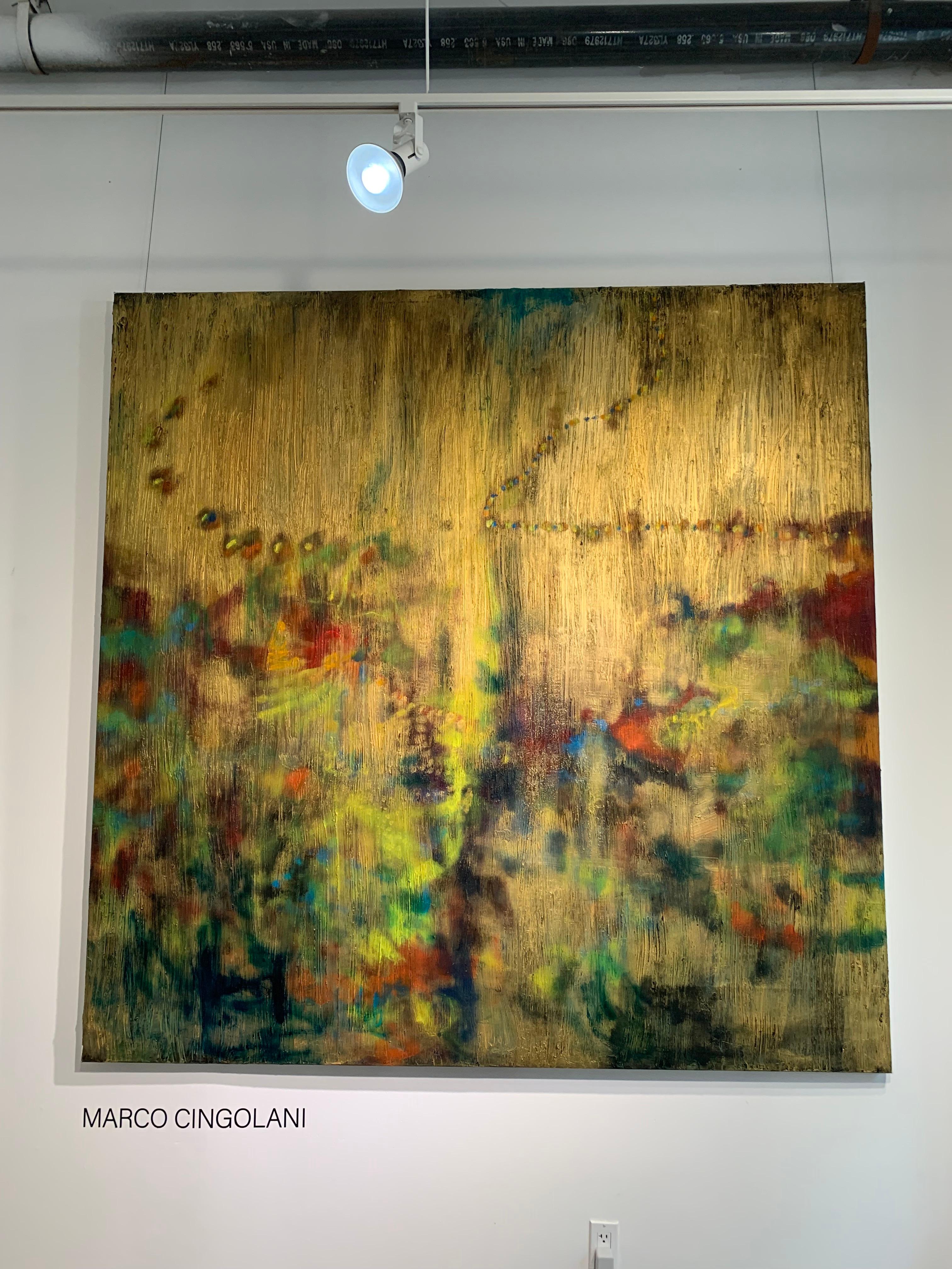 An abstract oil painting inspired by nature, forests and landscapes, by Italian Master painter Marc Cingolani. The paintings has a marked surface texture with Gold paint layered over the landscape.
 