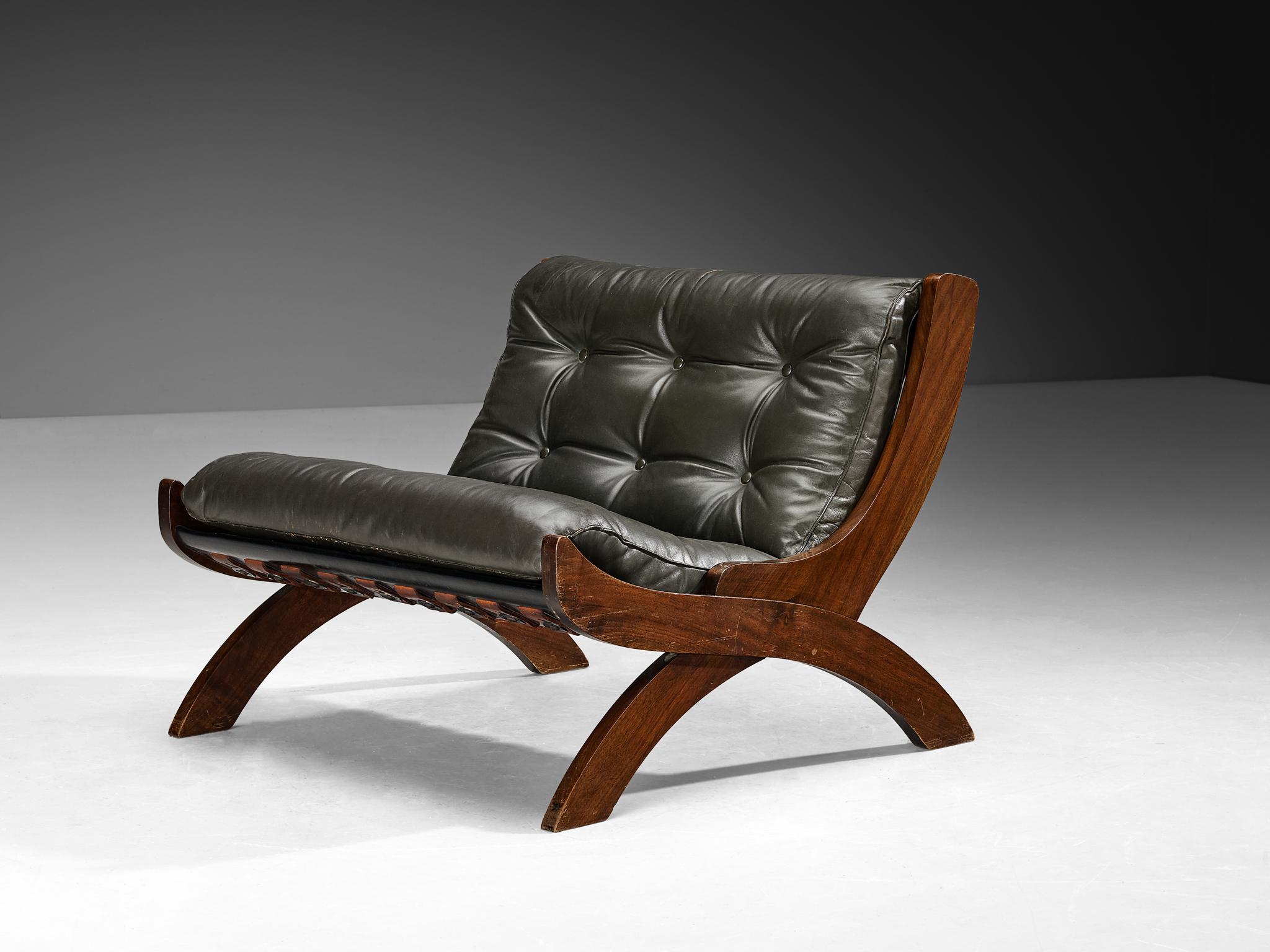 Mid-Century Modern Marco Comolli 'CP1' Lounge Chair in Olive Green Leather and Walnut For Sale