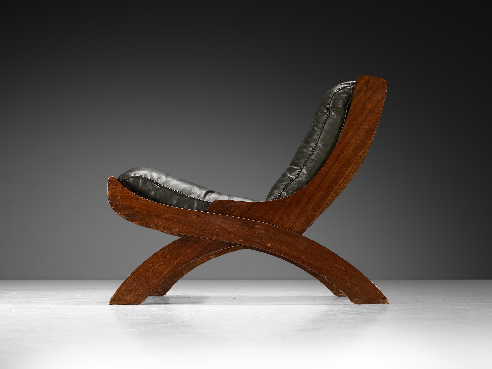 Italian Marco Comolli 'CP1' Lounge Chair in Olive Green Leather and Walnut For Sale