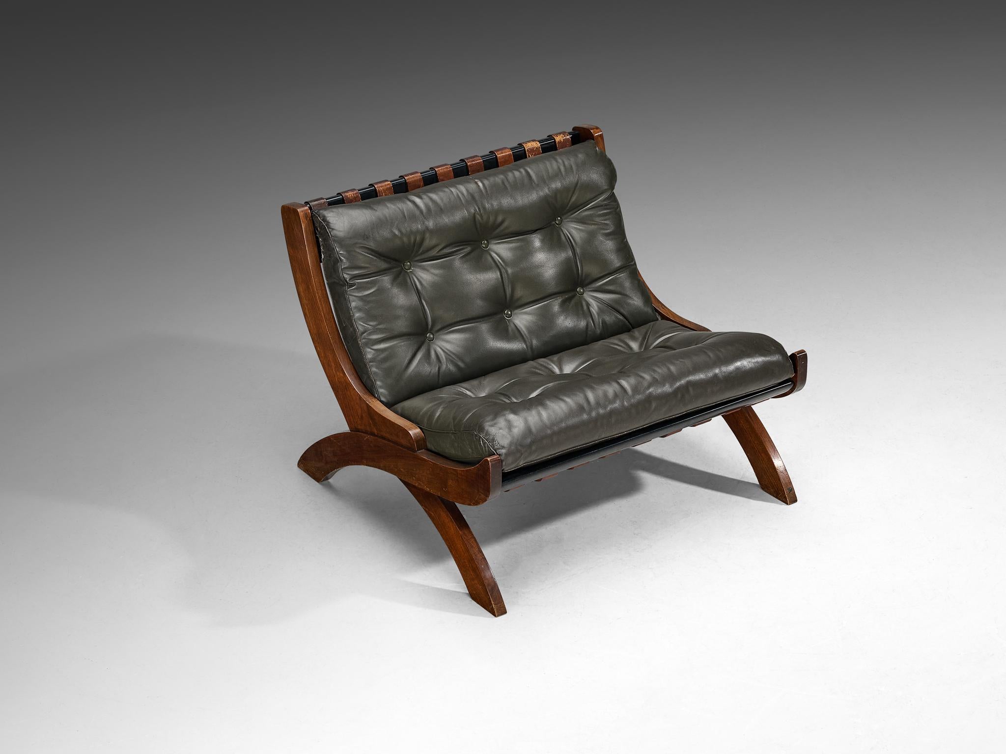 Marco Comolli 'CP1' Lounge Chair in Olive Green Leather and Walnut In Good Condition For Sale In Waalwijk, NL