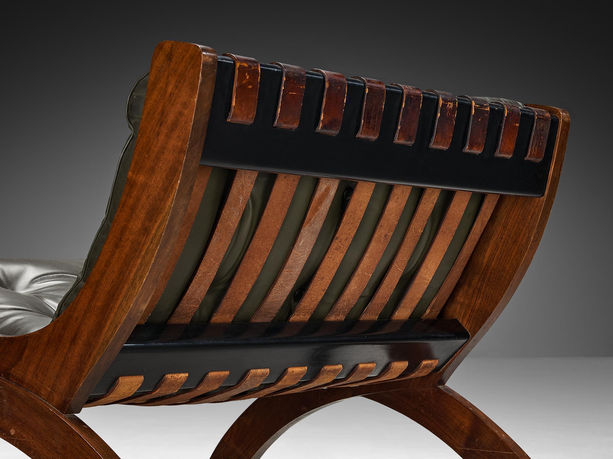 Marco Comolli 'CP1' Lounge Chair in Olive Green Leather and Walnut For Sale 1