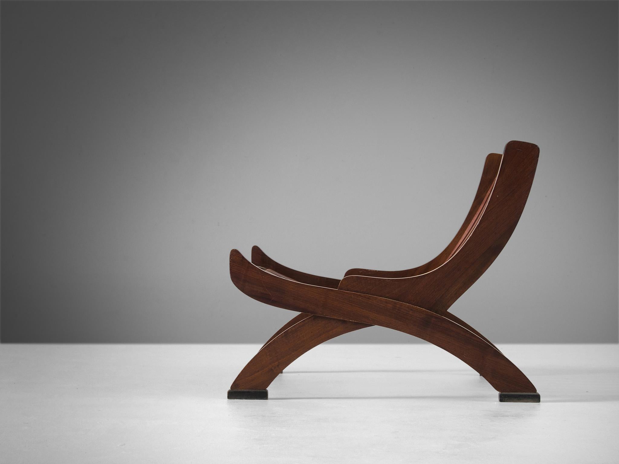 Italian Marco Comolli Lounge Chair in Walnut and Beige Leather  For Sale