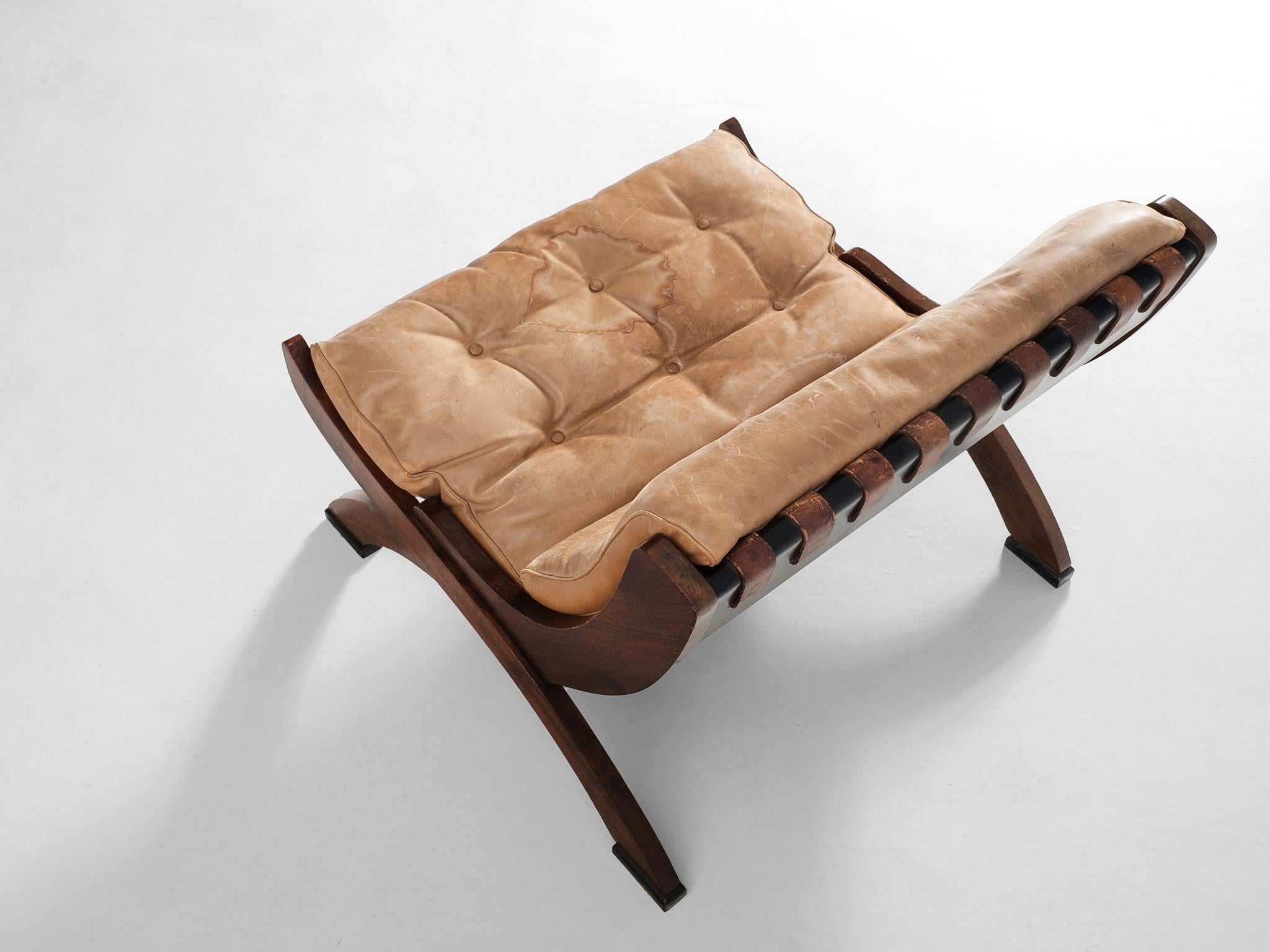 Mid-20th Century Marco Comolli Lounge Chair in Walnut and Beige Leather  For Sale