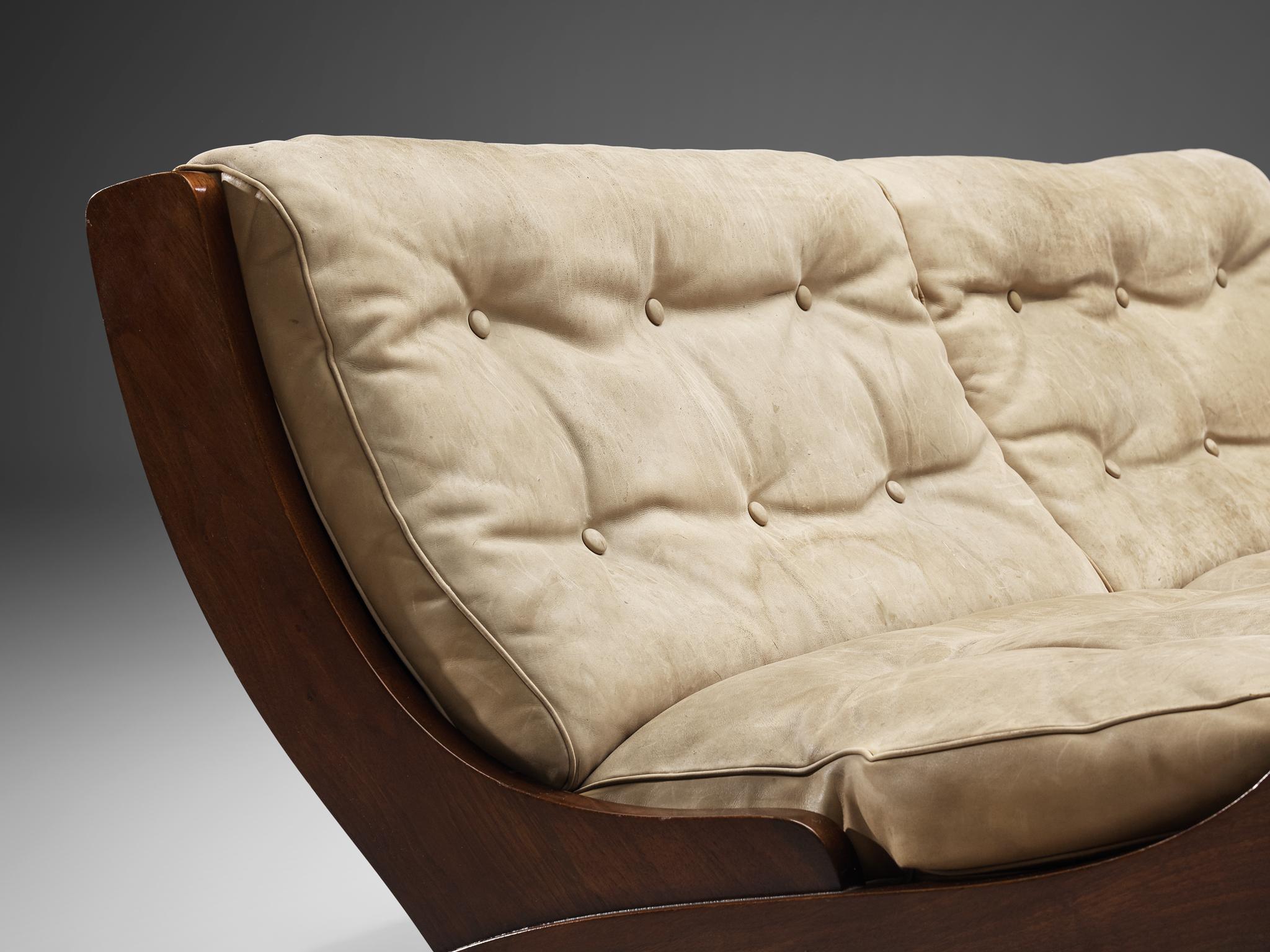Mid-20th Century Marco Comolli Sofa in Walnut and Taupe Leather For Sale
